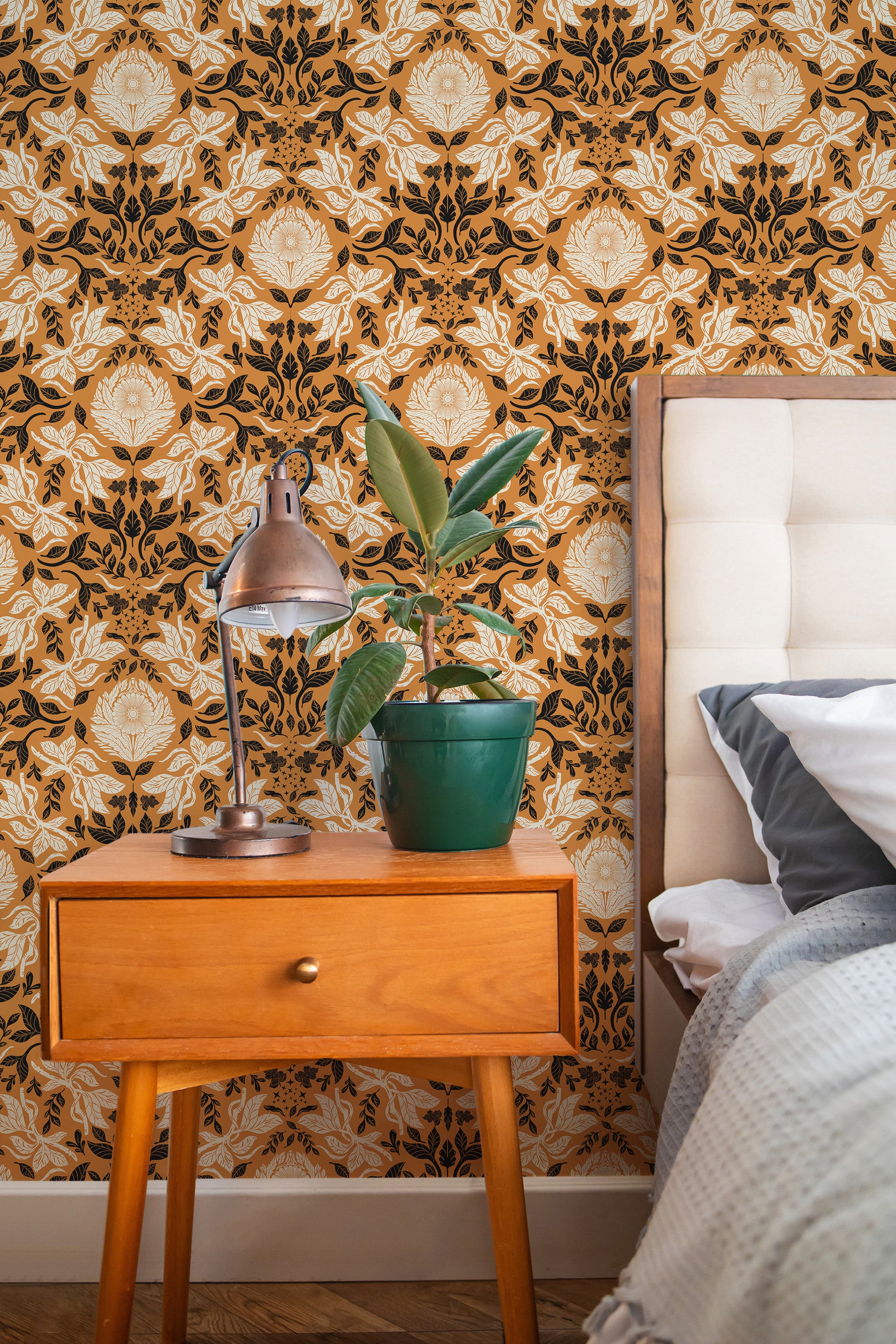 stylish bedroom interior nightstand plant lamp beige and brown botanical reverie by sara t accent wall