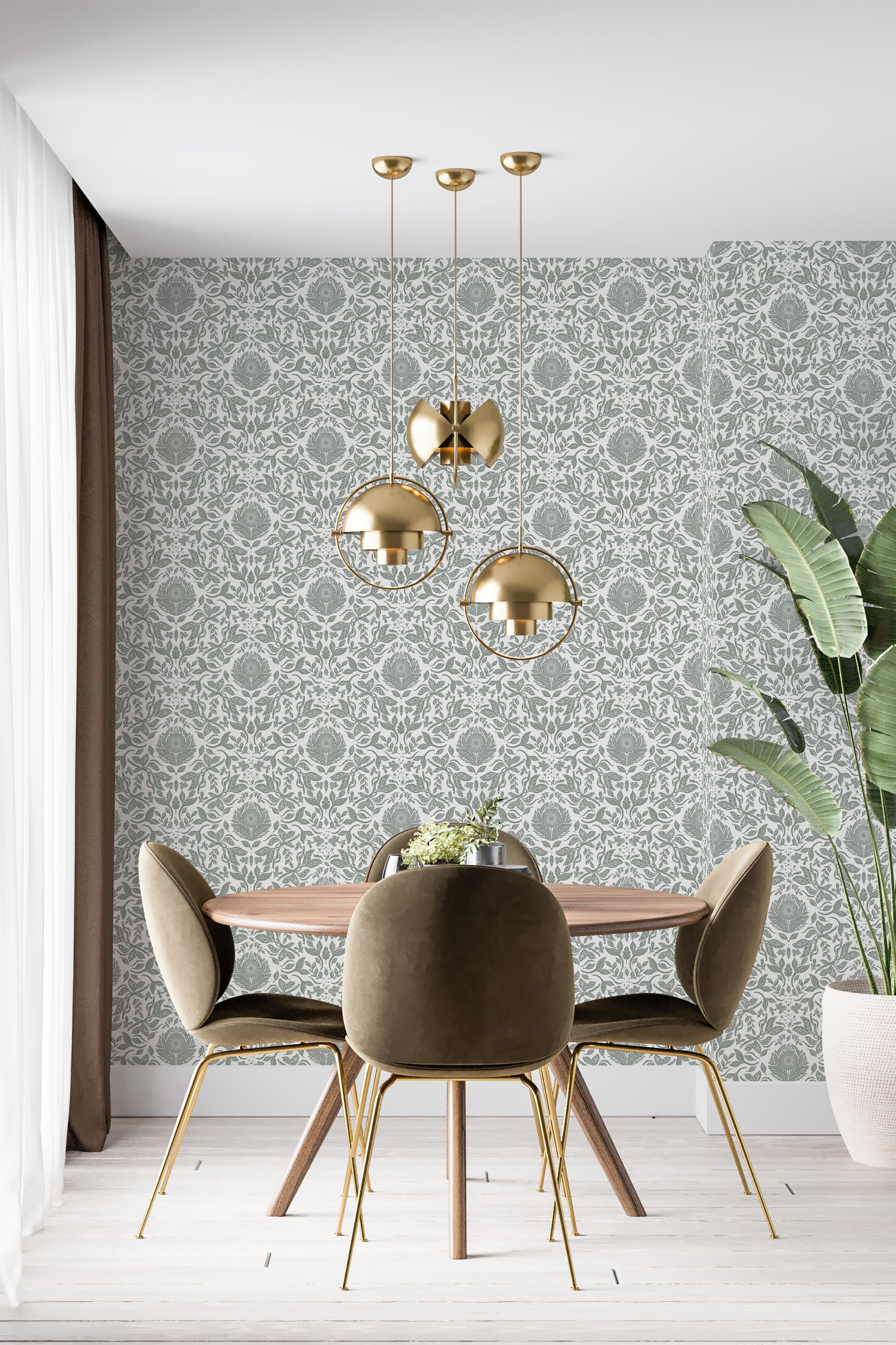 modern dining area velour chair plant grey botanical reverie by sara t accent wall