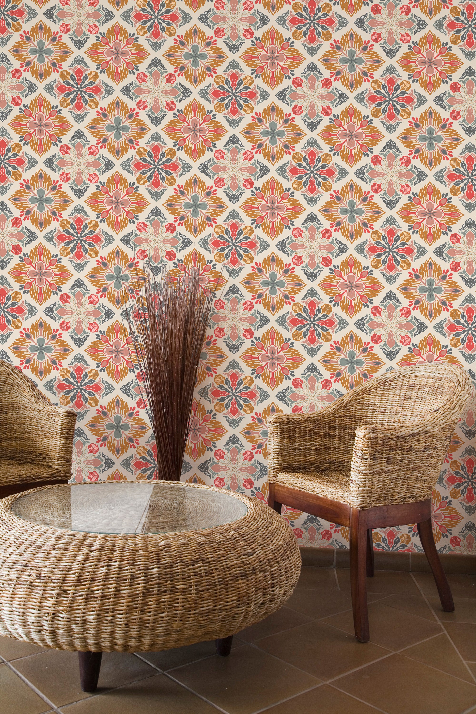 rustic armchairs coffee table lounge geometric blooms by sara t pattern interior