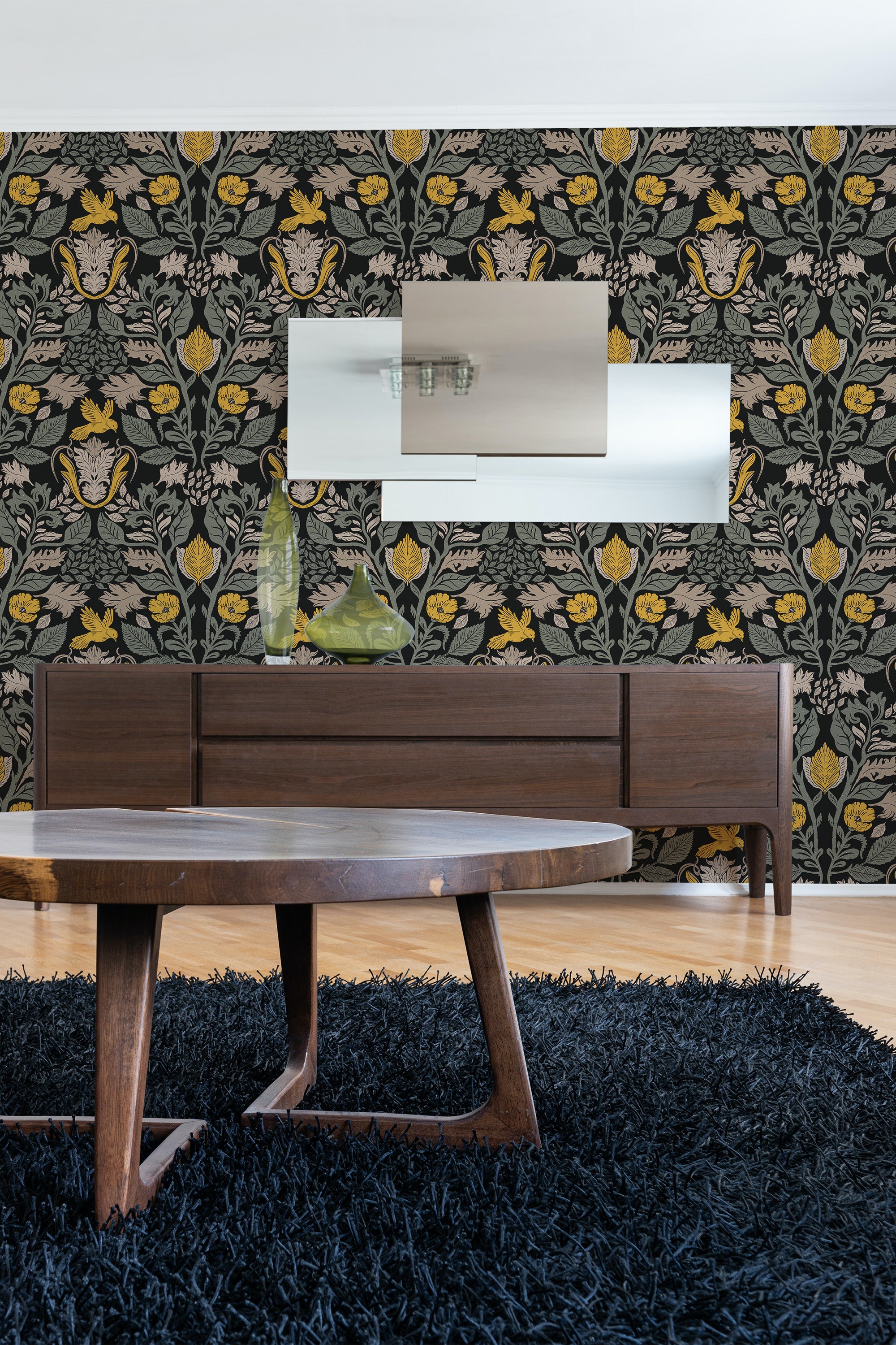 contemporary living room dark wood furniture dark and yellow garden by sara t peel and stick wallpaper