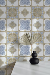 wallpaper peel and stick accent wall green and blue heritage tiles by sara t pattern decorative vase plant