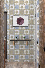 wallpaper green and blue heritage tiles by sara t pattern hallway entrance minimalist decor artwork interior