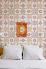 cozy bedroom pillows double bed wall decor pink and white heritage tiles by sara t removable wallpaper