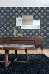 contemporary living room dark wood furniture dark minimal damask by sara t peel and stick wallpaper