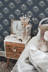 chic bedroom interior nightstand picture frame decor dark minimal damask by sara t traditional wallpaper