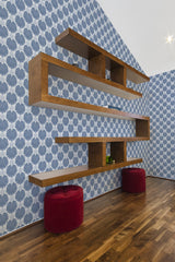 modern living room shelf velour puff chairs blue monstera by sara t wallpaper stick and peel
