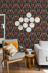 living room cozy sofa armchair pillows decor colorful dark regal floral by sara t peel stick wallpaper