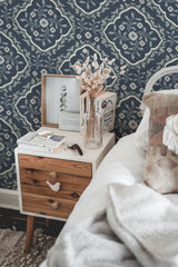 chic bedroom interior nightstand picture frame decor royal blue floral pattern by sara t traditional wallpaper