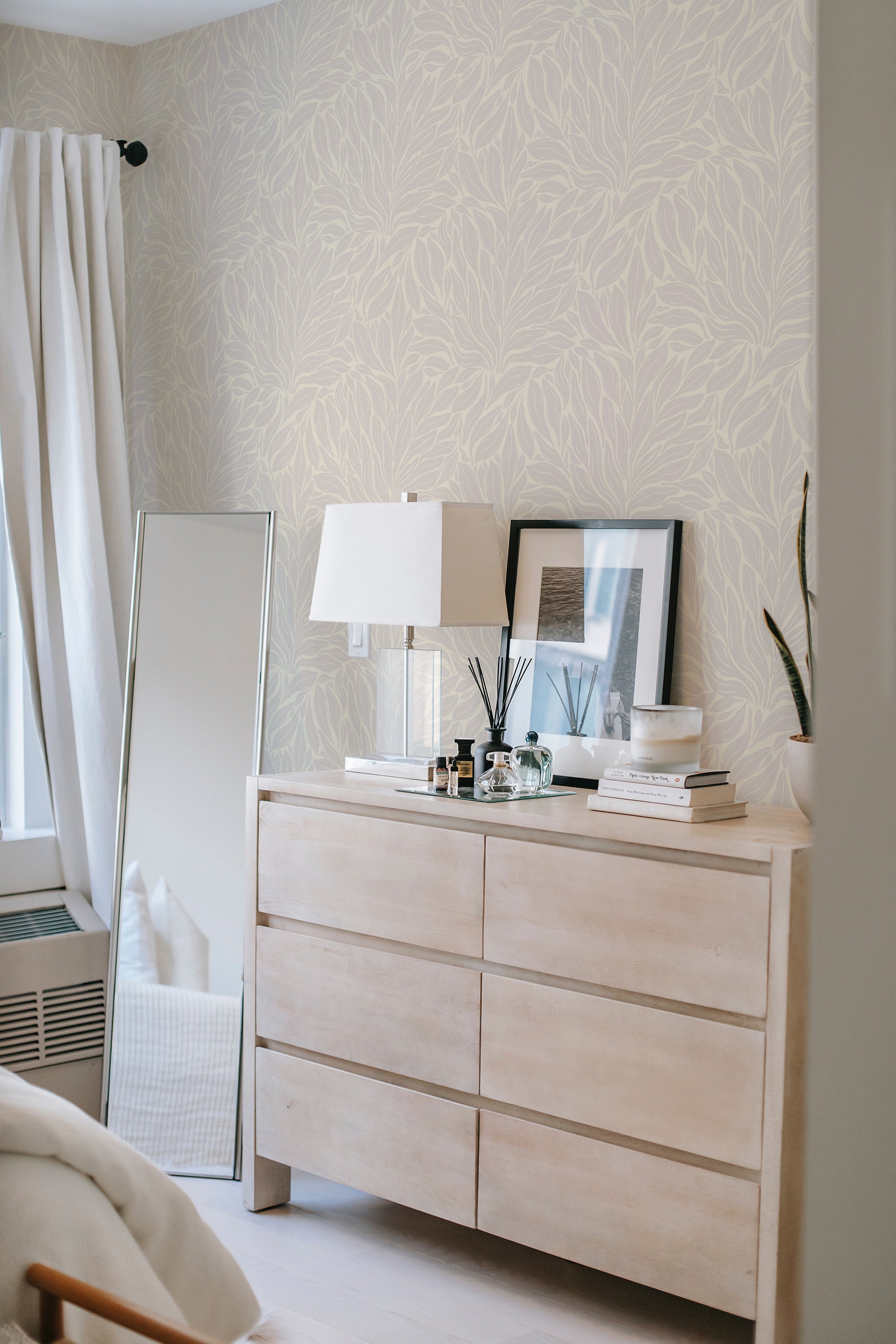 peel and stick wallpaper light terra folia by sara t accent wall bedroom dresser mirror minimalist interior