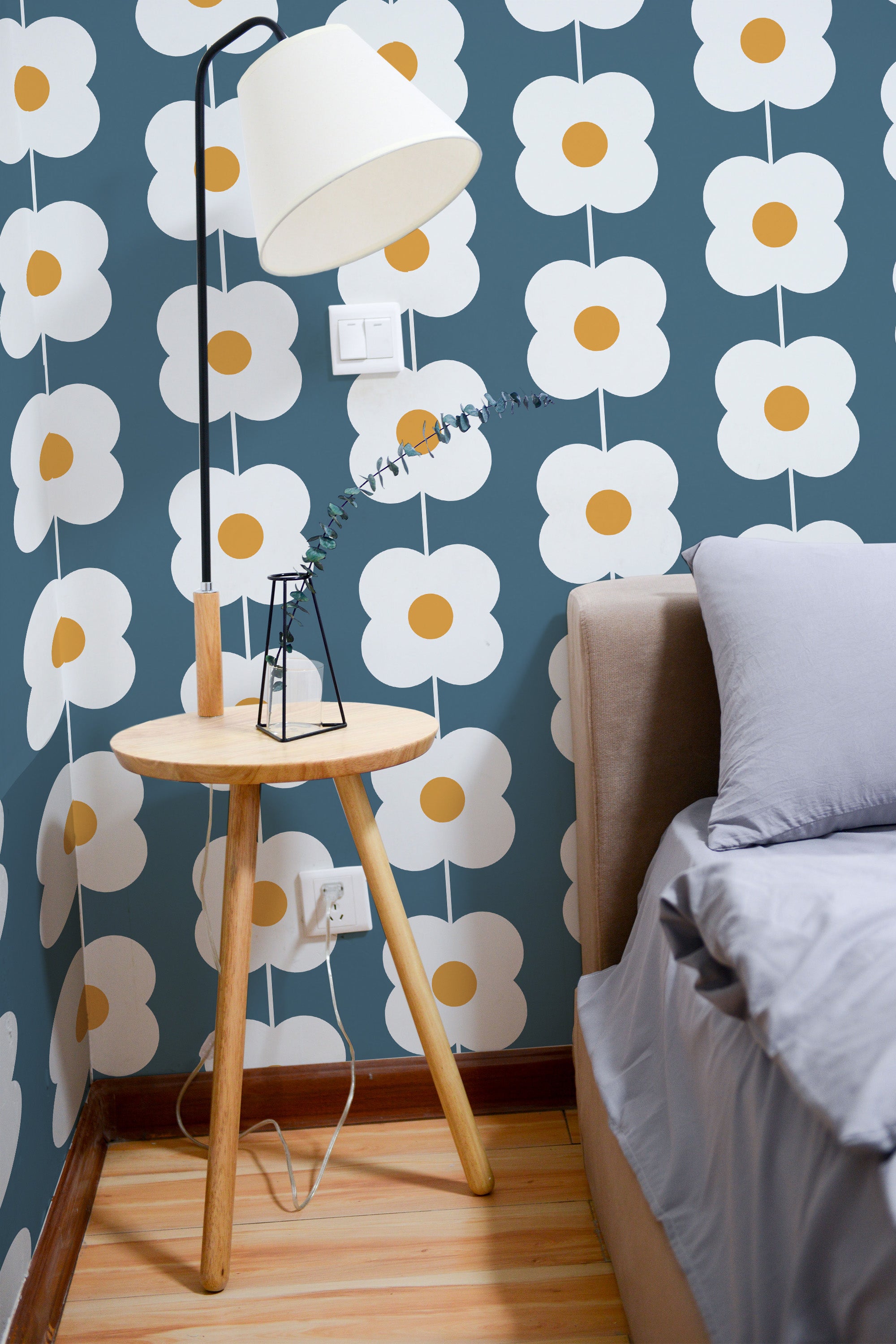 removable wallpaper teal retro flower pattern bedroom accent wall simple interior