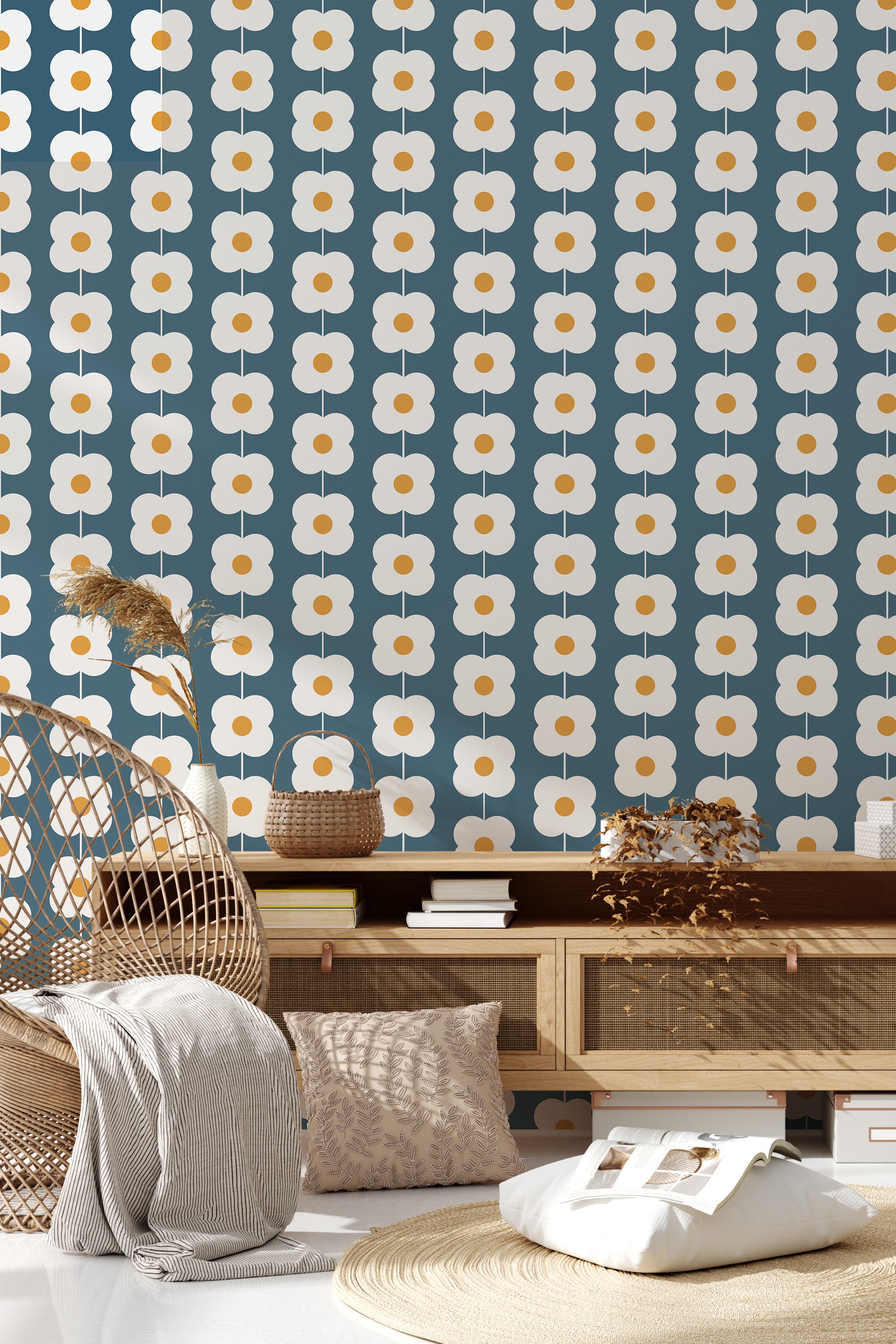 living room rattan furniture decorative plant teal retro flower wall decor