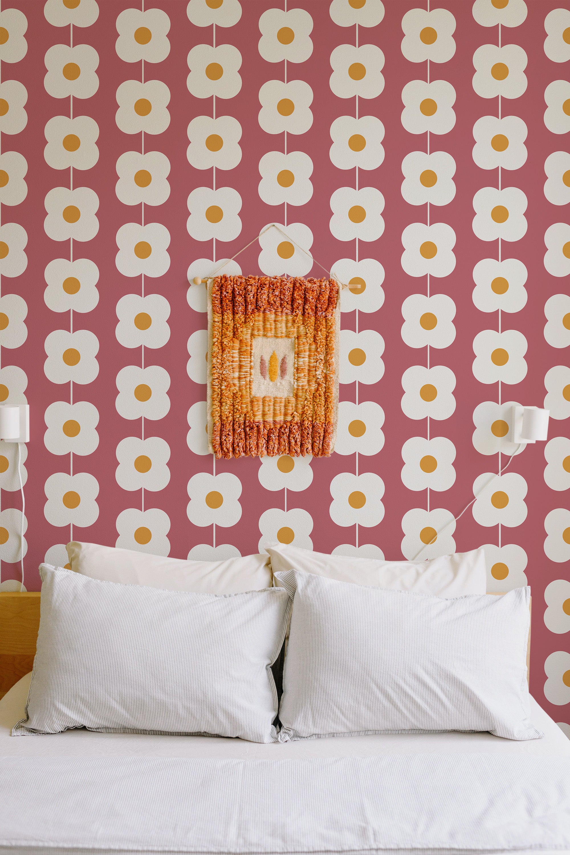 cozy bedroom pillows double bed wall decor pink retro flower removable wallpaper