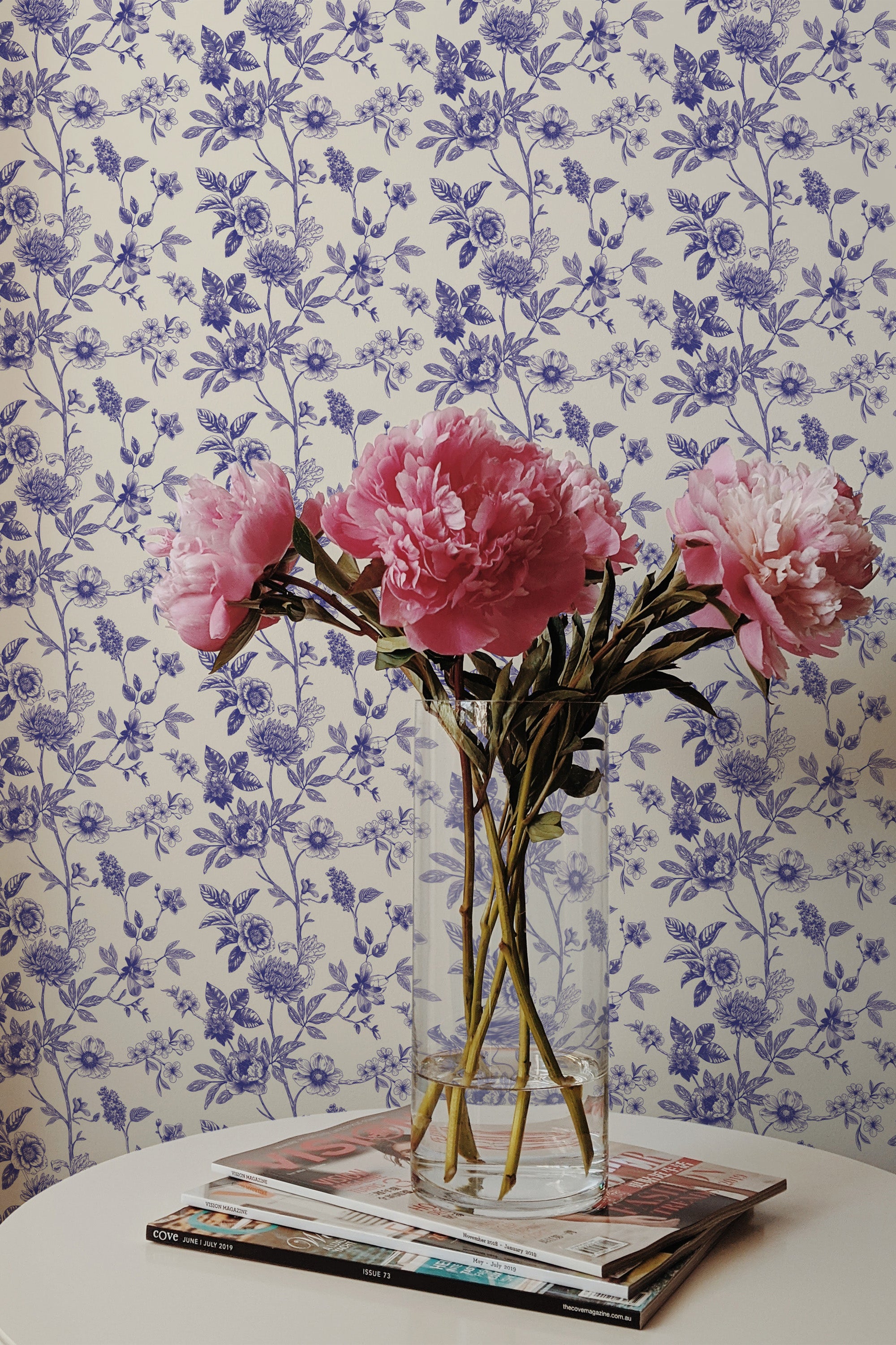 peonies magazines coffee table modern interior blue floral toile wall paper peel and stick