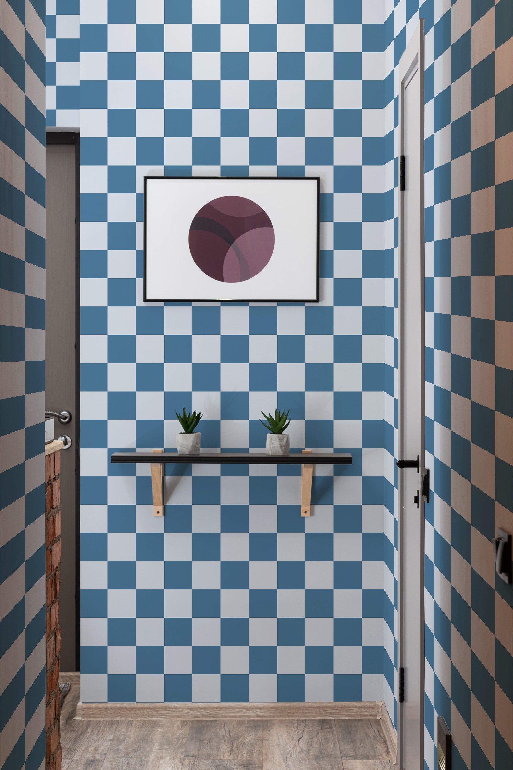 wallpaper checkered blue pattern hallway entrance minimalist decor artwork interior