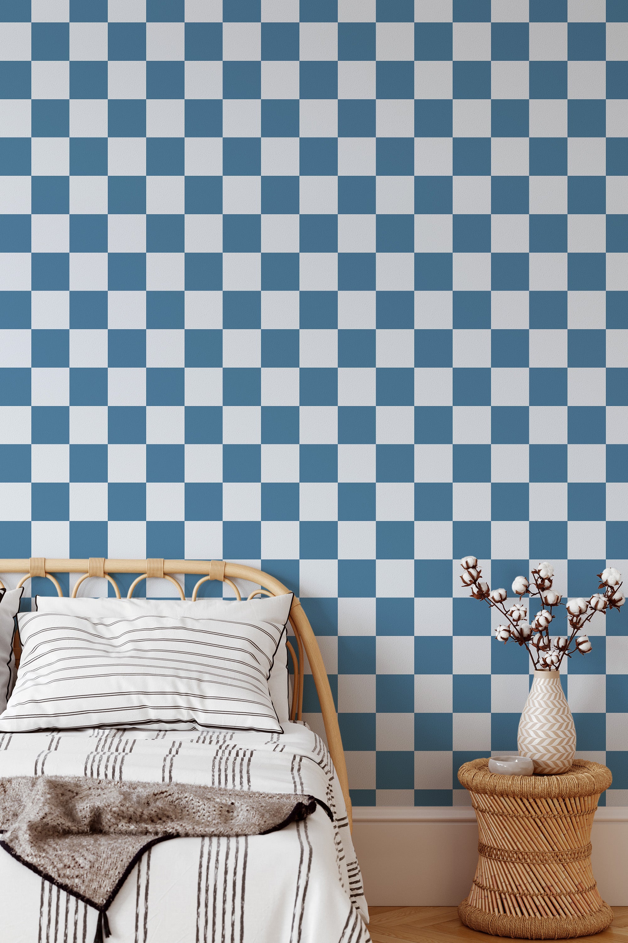 cozy bedroom interior rattan furniture decor checkered blue accent wall