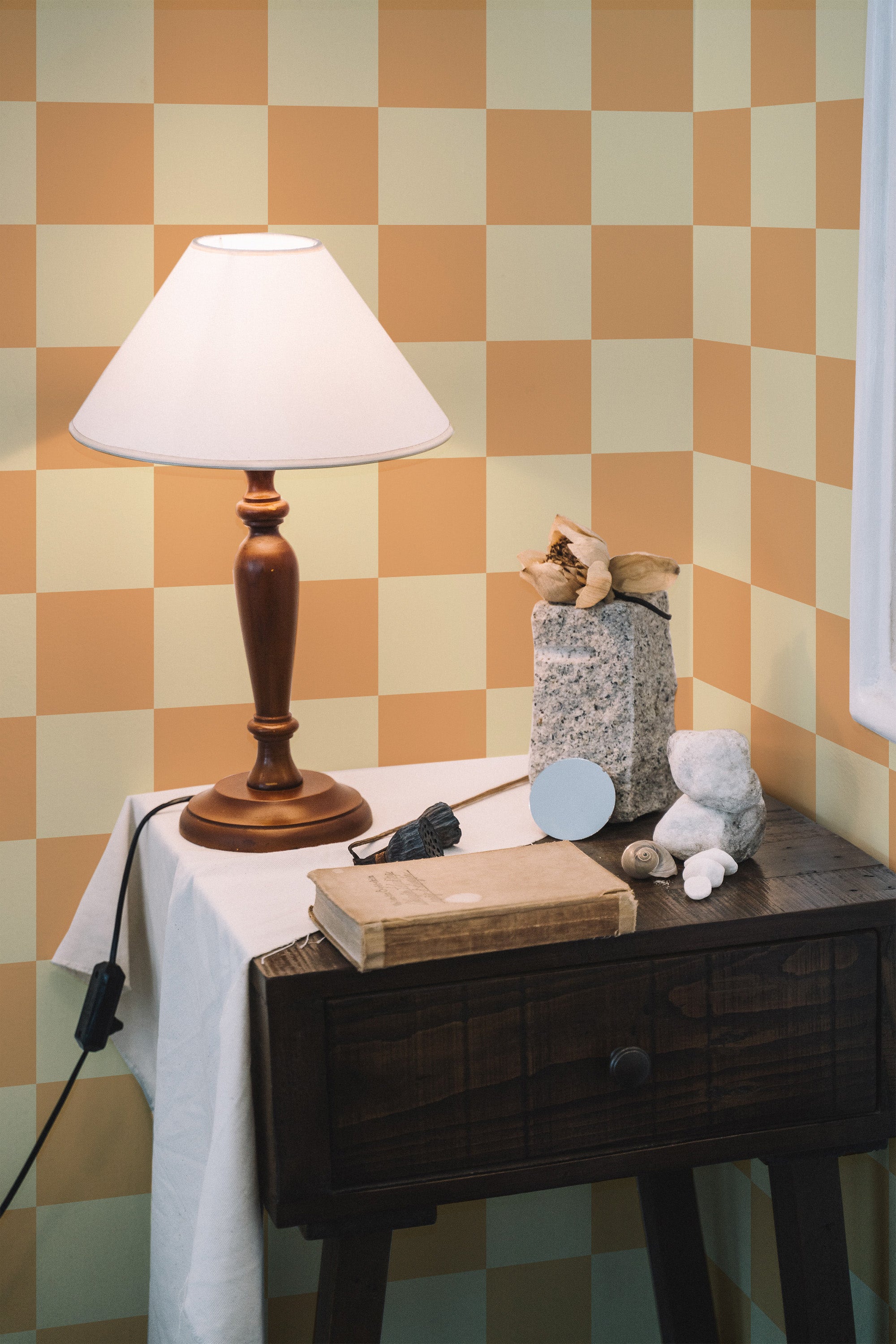 peel and stick wallpaper checkered yellow and orange pattern accent wall bedroom nightstand interior