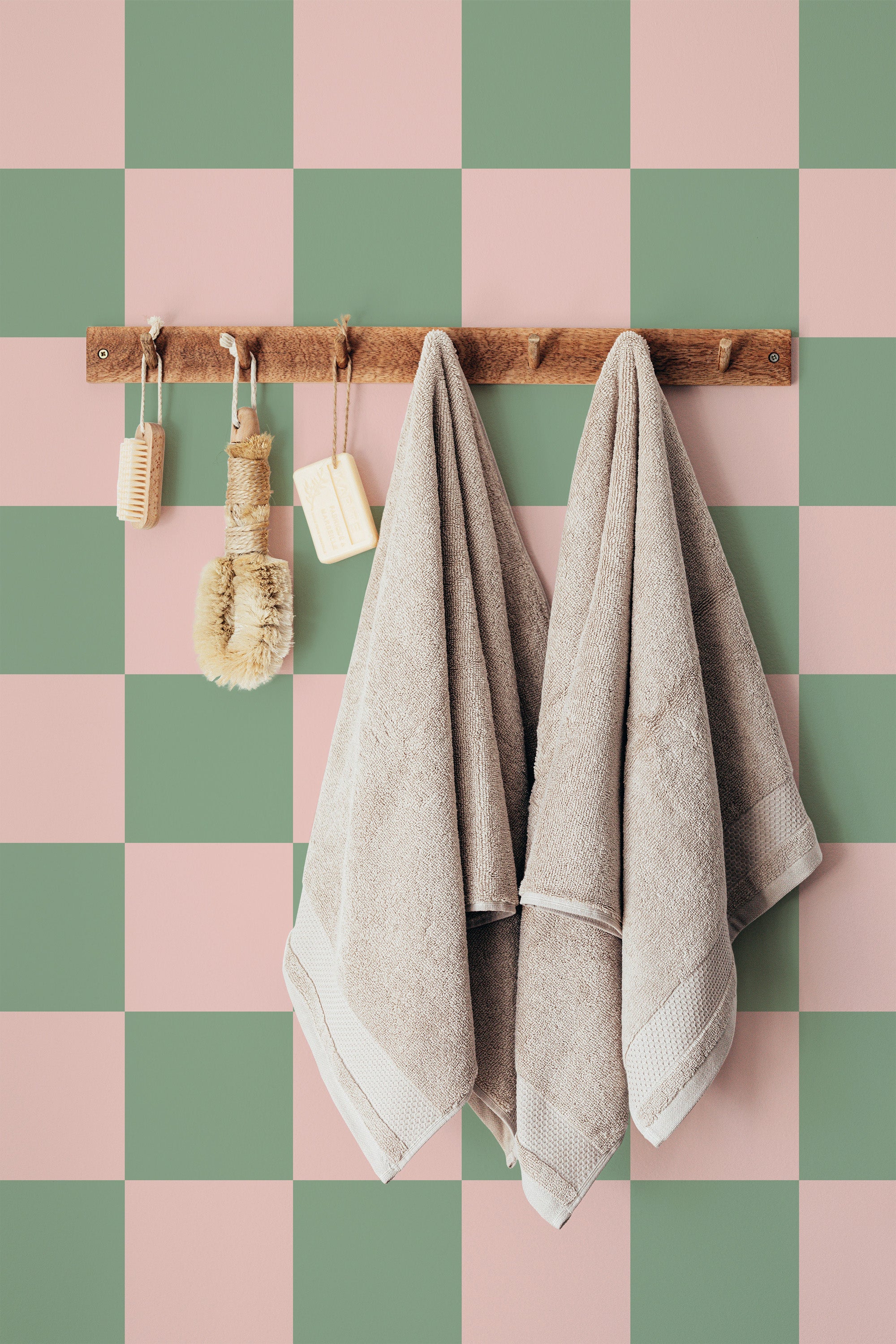stick and peel wallpaper checkered pink and green pattern bathroom brush soap towel accessory wall