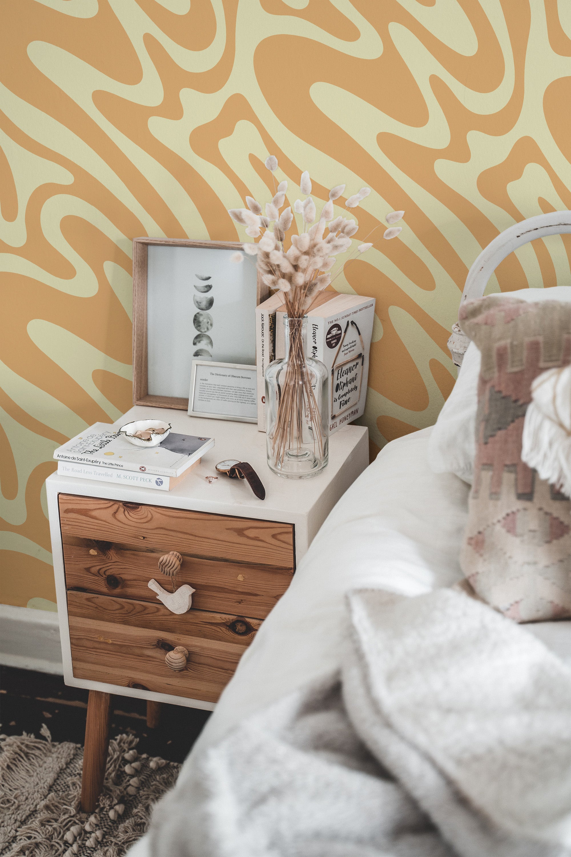 chic bedroom interior nightstand picture frame decor funky orange and yellow traditional wallpaper
