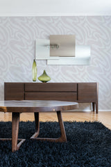 contemporary living room dark wood furniture gray flowy peel and stick wallpaper