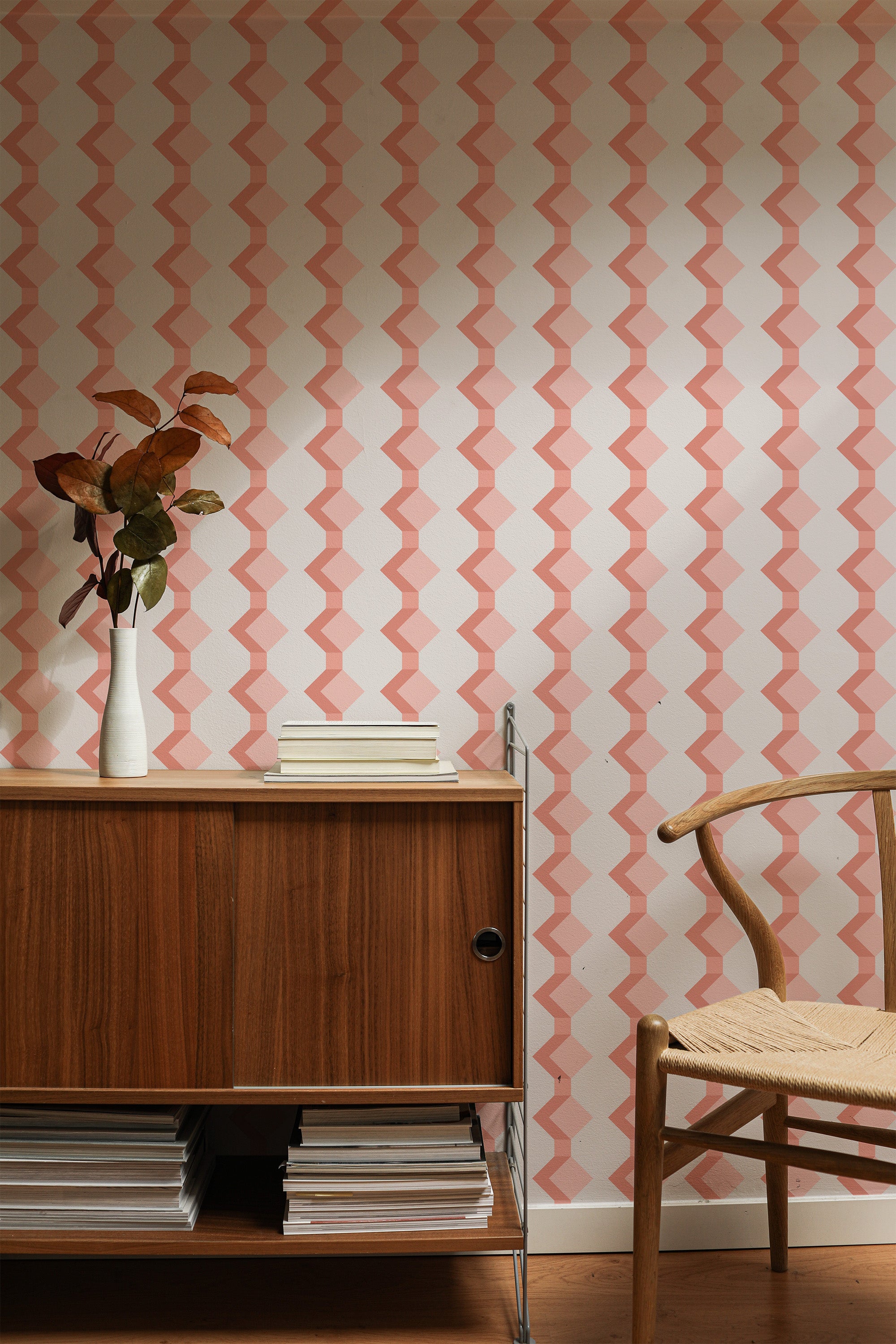 traditional wallpaper pink retro geometric pattern accent wall sophisticated living room interior