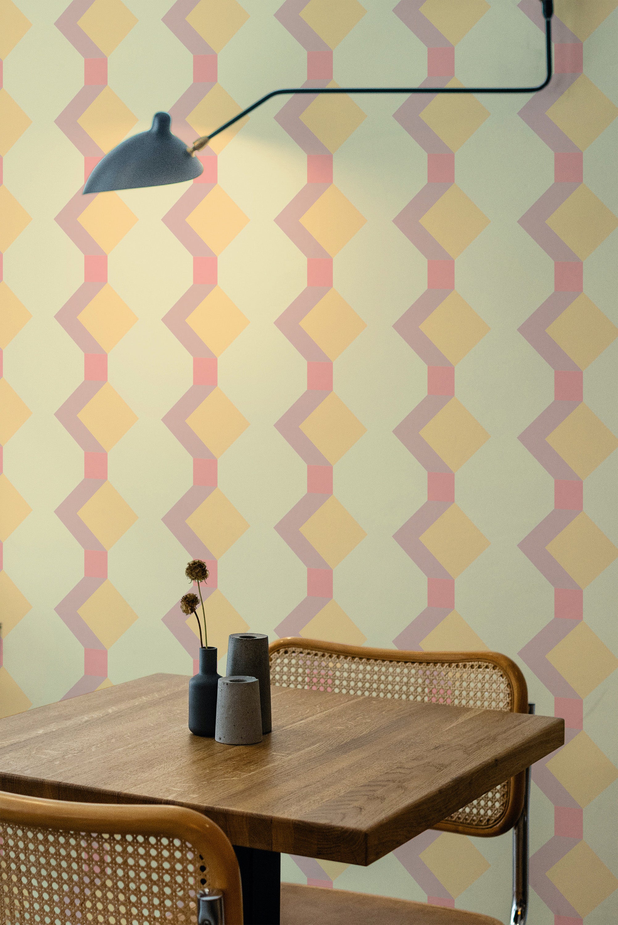 wooden dining table rattan chairs yellow sunny retro geometric peel and stick wallpaper