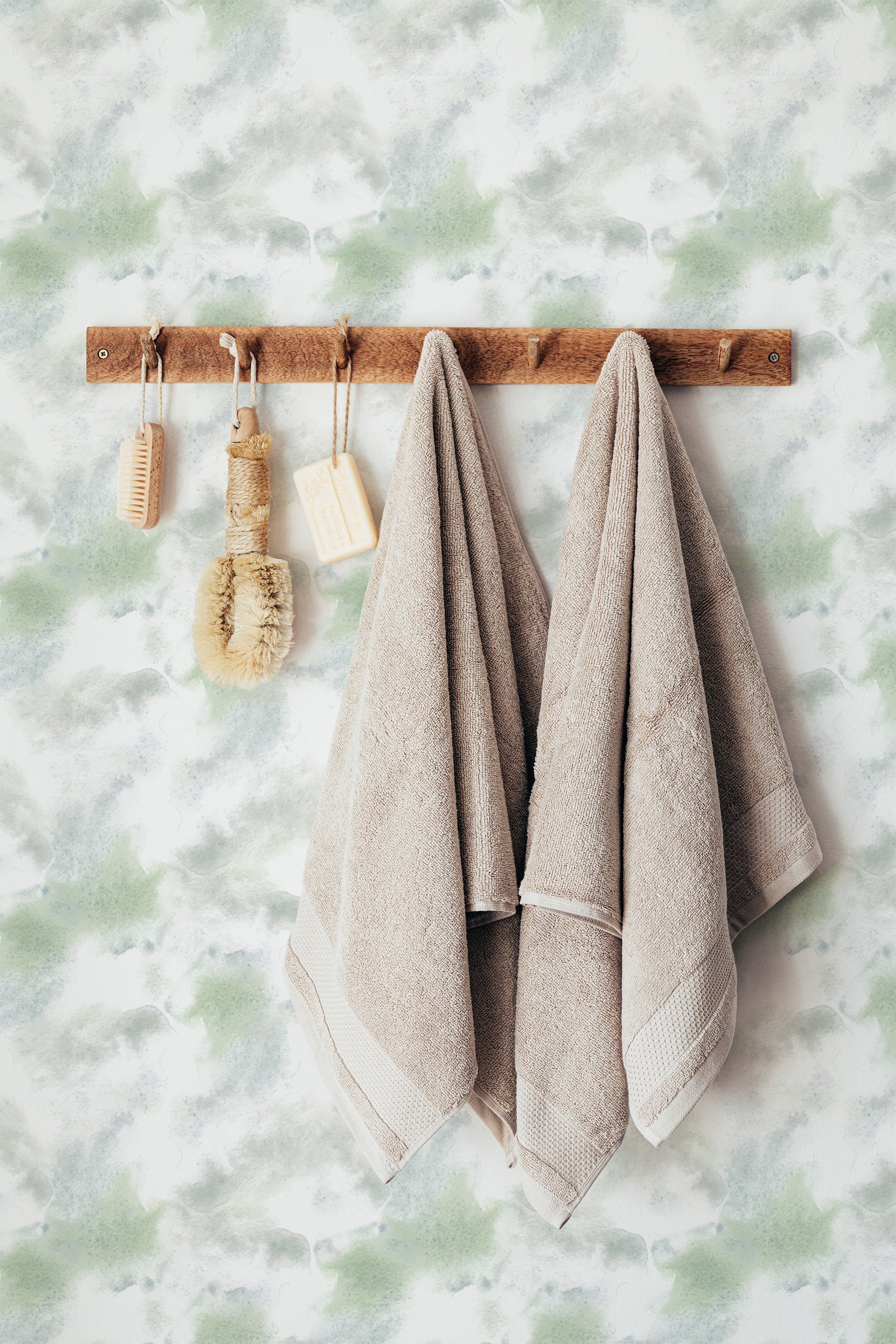 stick and peel wallpaper subtle watercolor pattern bathroom brush soap towel accessory wall
