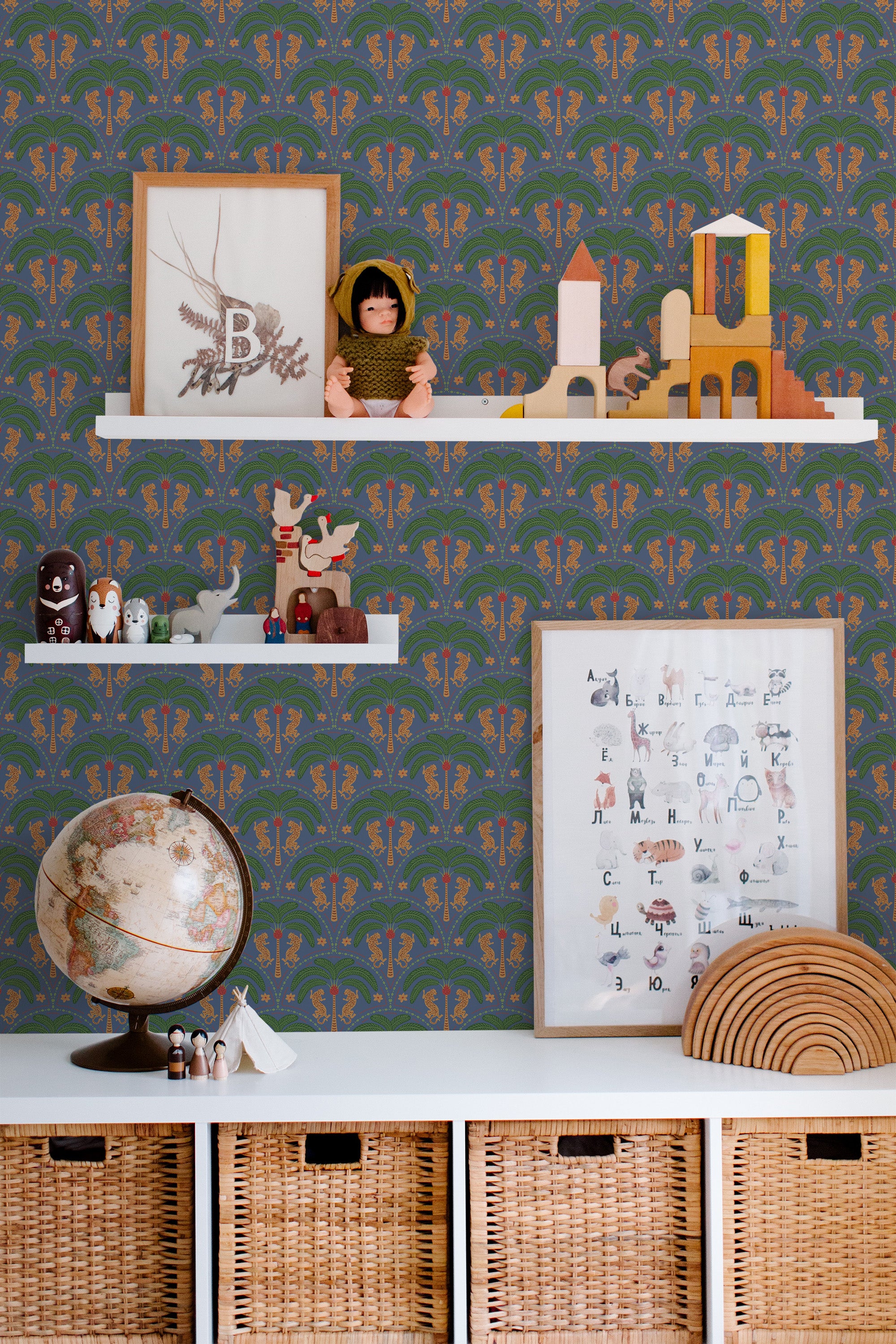 kids room toys pictures decor shelf boxes dark tropical art deco wallpaper for walls