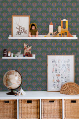 kids room toys pictures decor shelf boxes dark tropical art deco wallpaper for walls