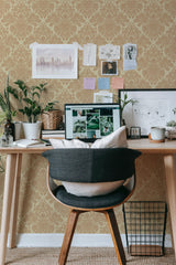 modern home office desk plants posters computer beige damask stick on wallpaper