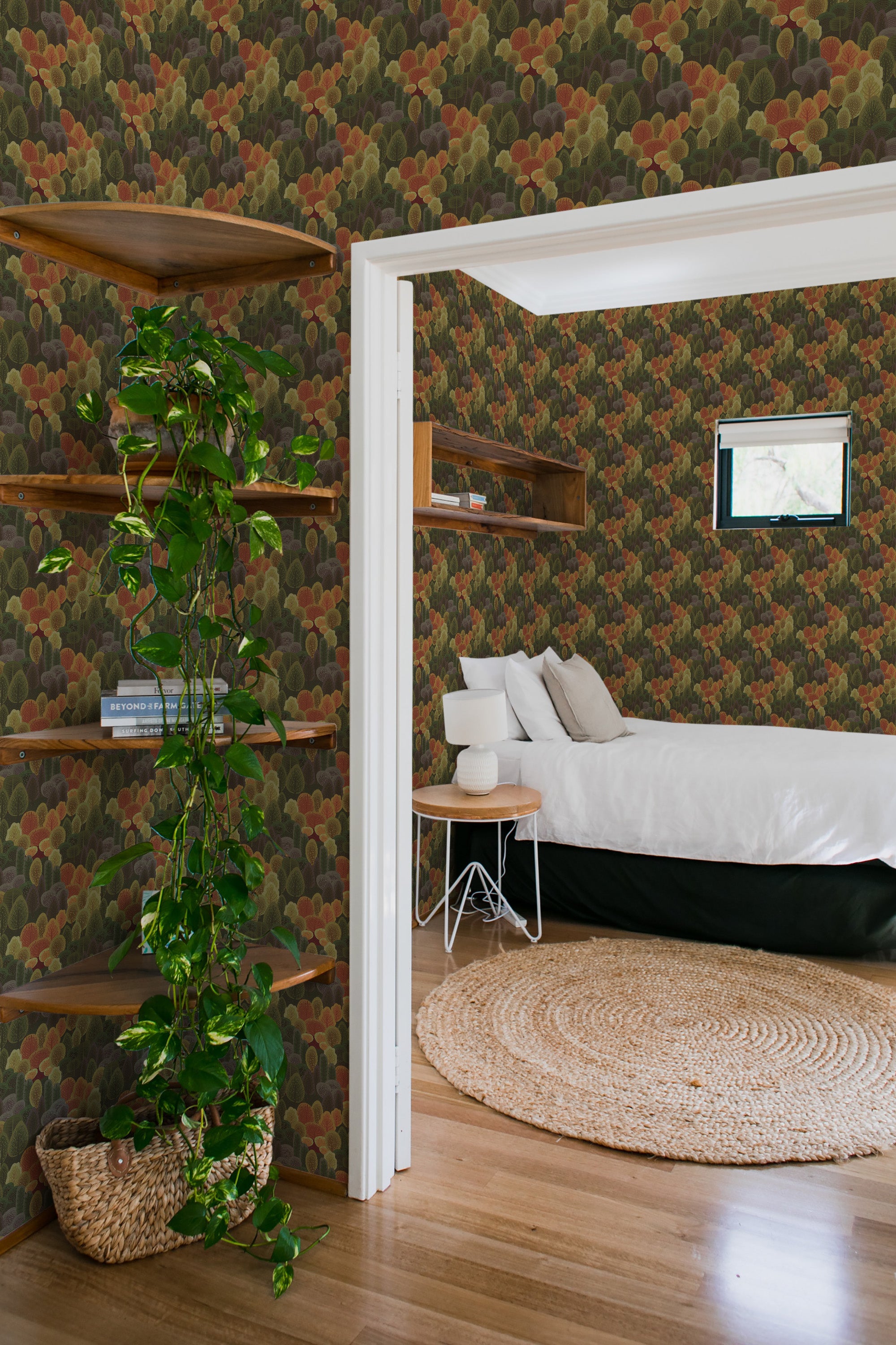 bedroom cozy interior green plants round carpet cozy forest peel & stick wallpaper