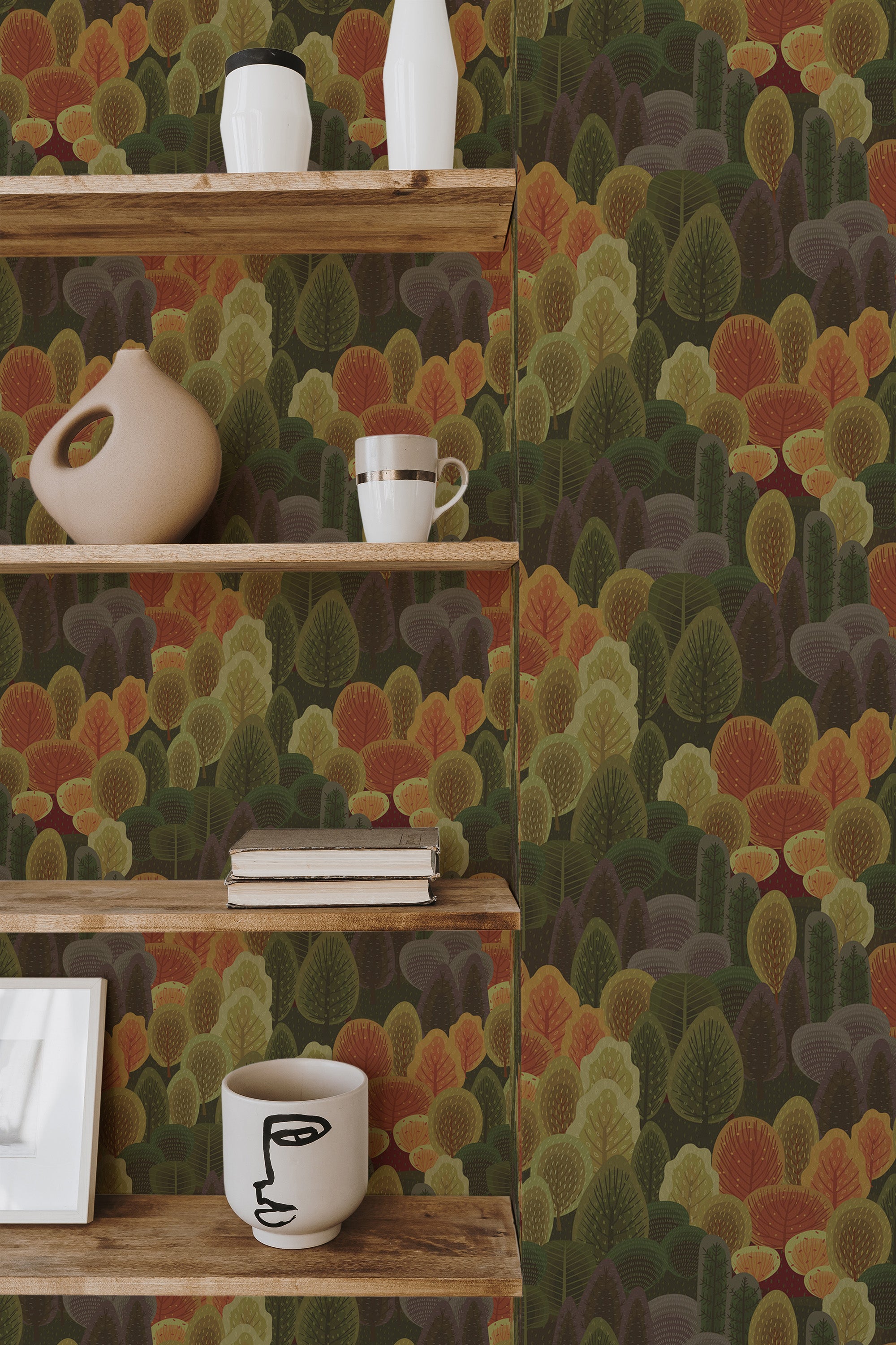 wooden shelf decor living room interior cozy forest accent wall