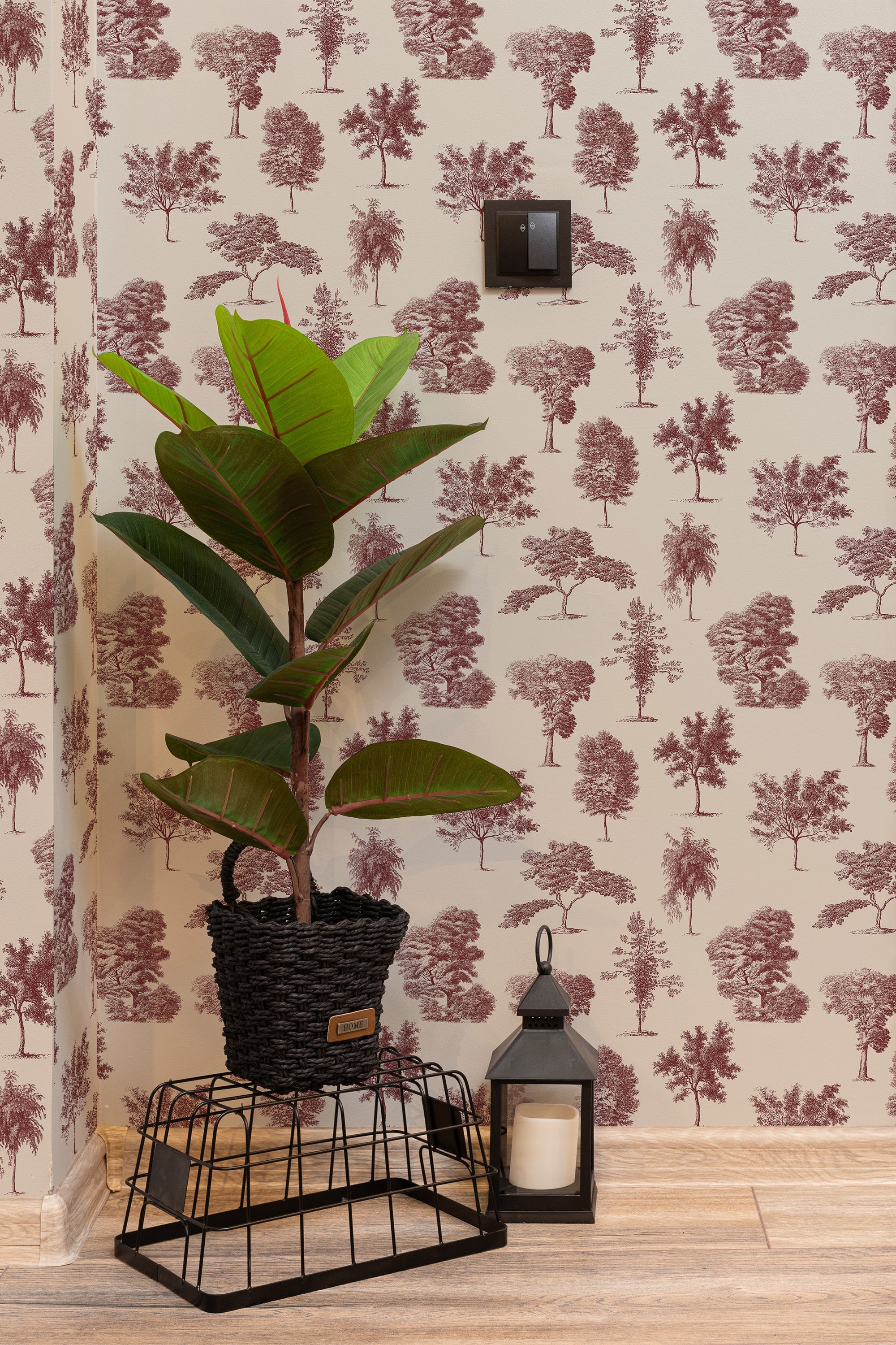 hallway interior green plant black lantern red and cream trees temporary wallpaper