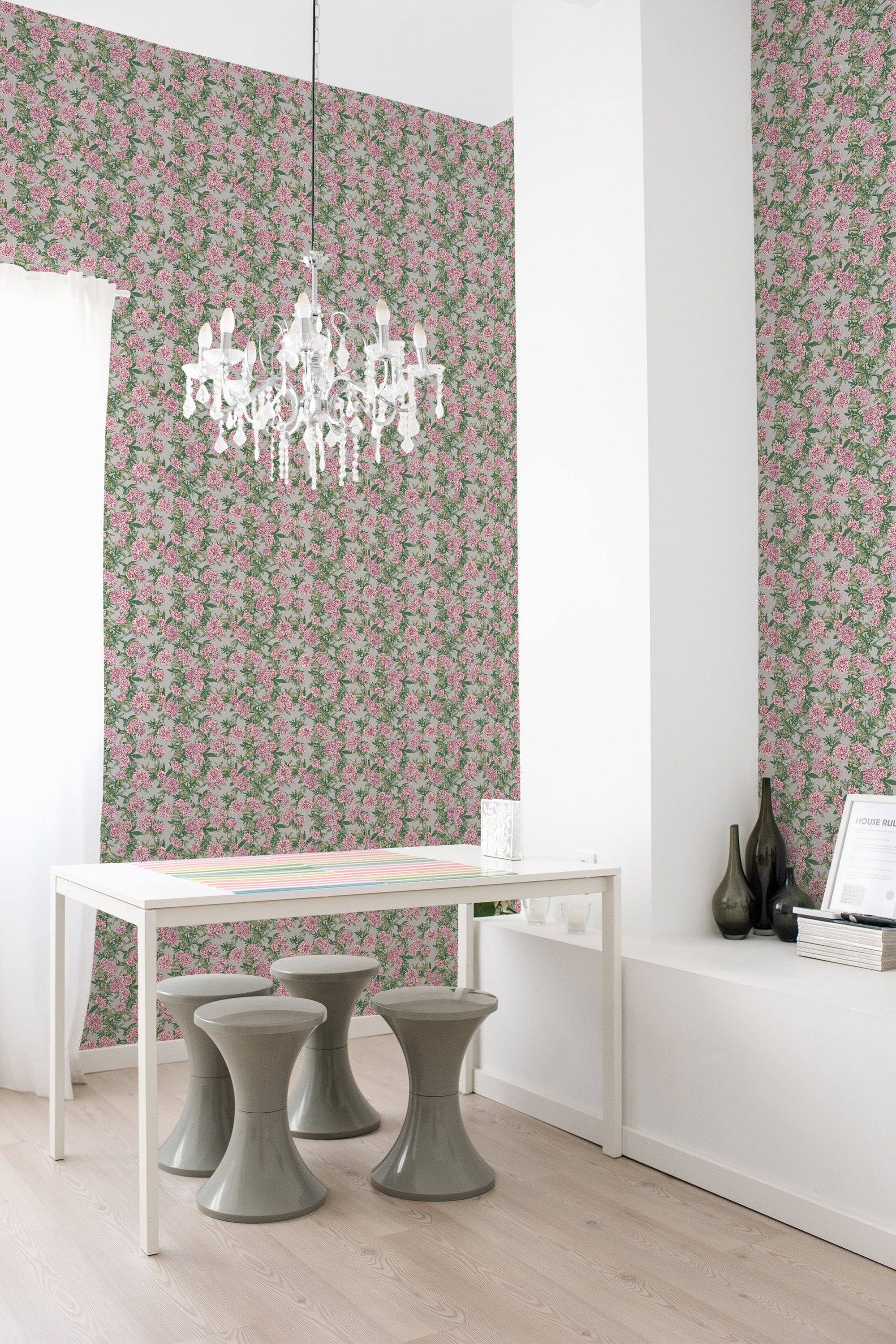 self adhesive wallpaper pink dahlias pattern dining room table chandelier home decor