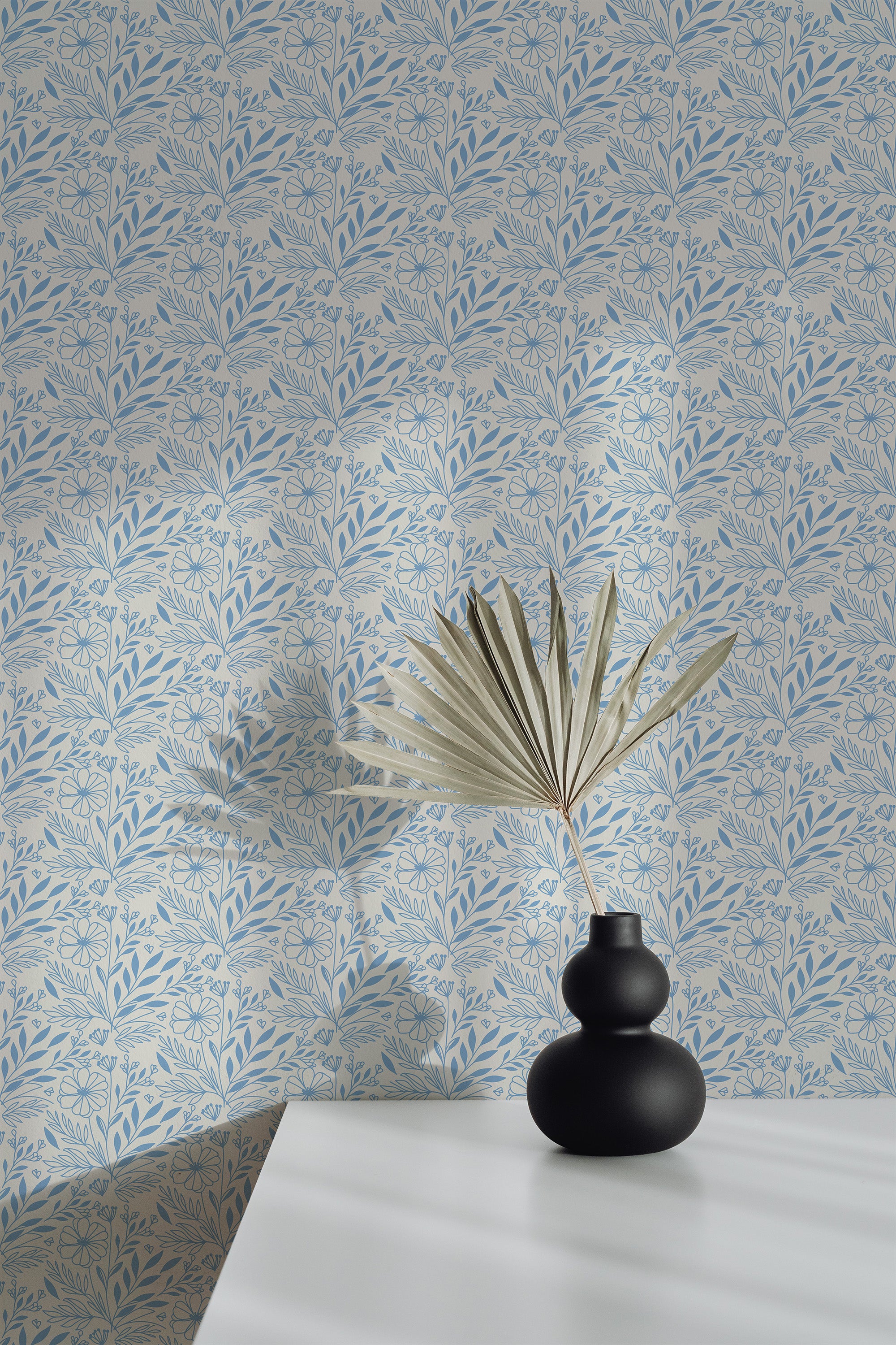 wallpaper peel and stick accent wall blue cottagecore pattern decorative vase plant