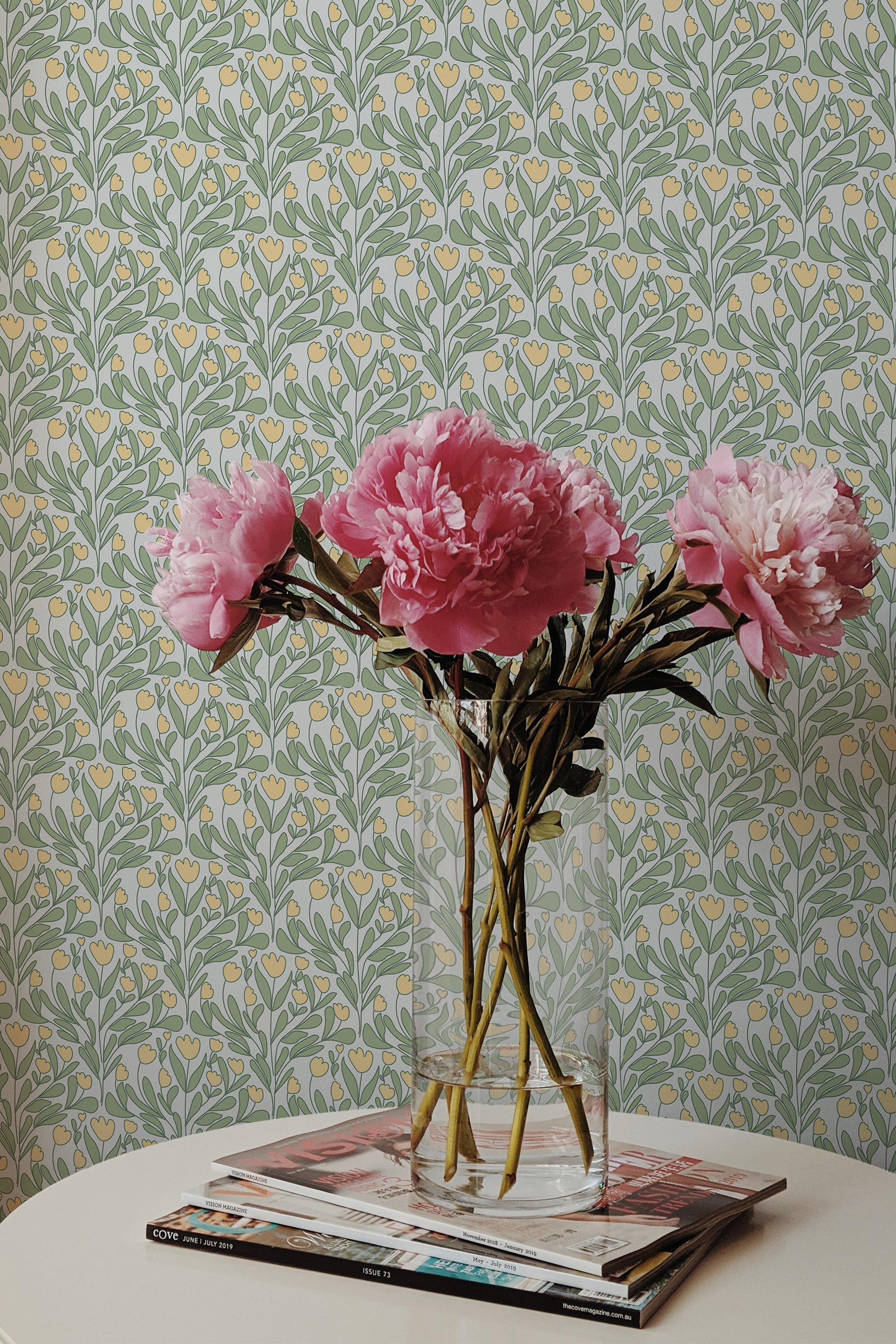 peonies magazines coffee table modern interior handdrawn tulip wall paper peel and stick