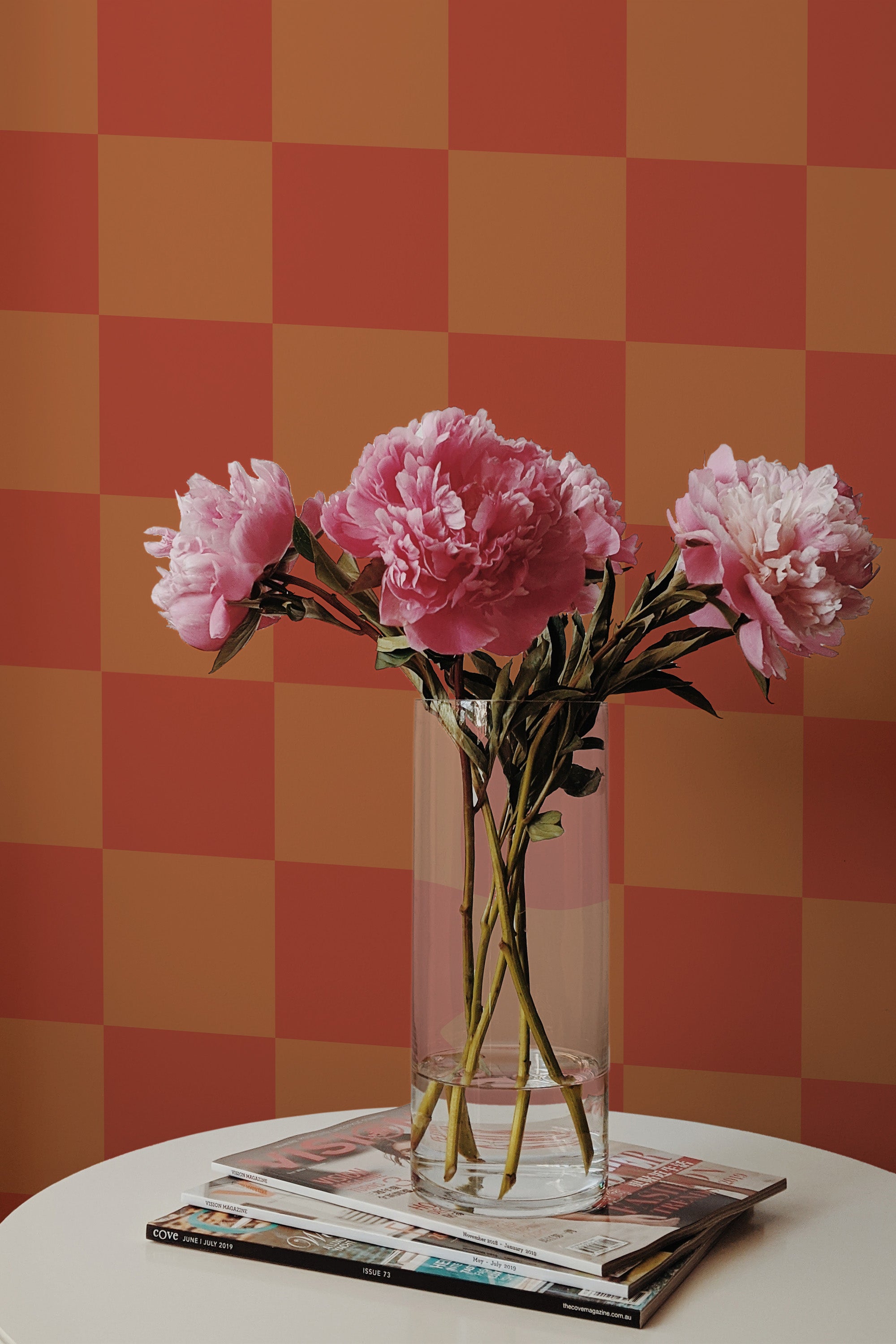 peonies magazines coffee table modern interior terracotta checkered wall paper peel and stick