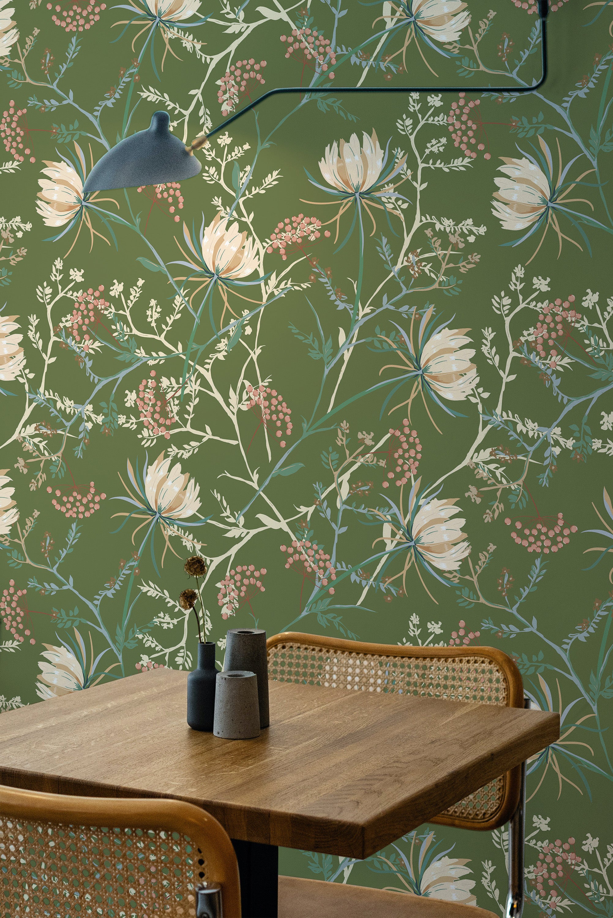 wooden dining table rattan chairs warm autumn floral peel and stick wallpaper