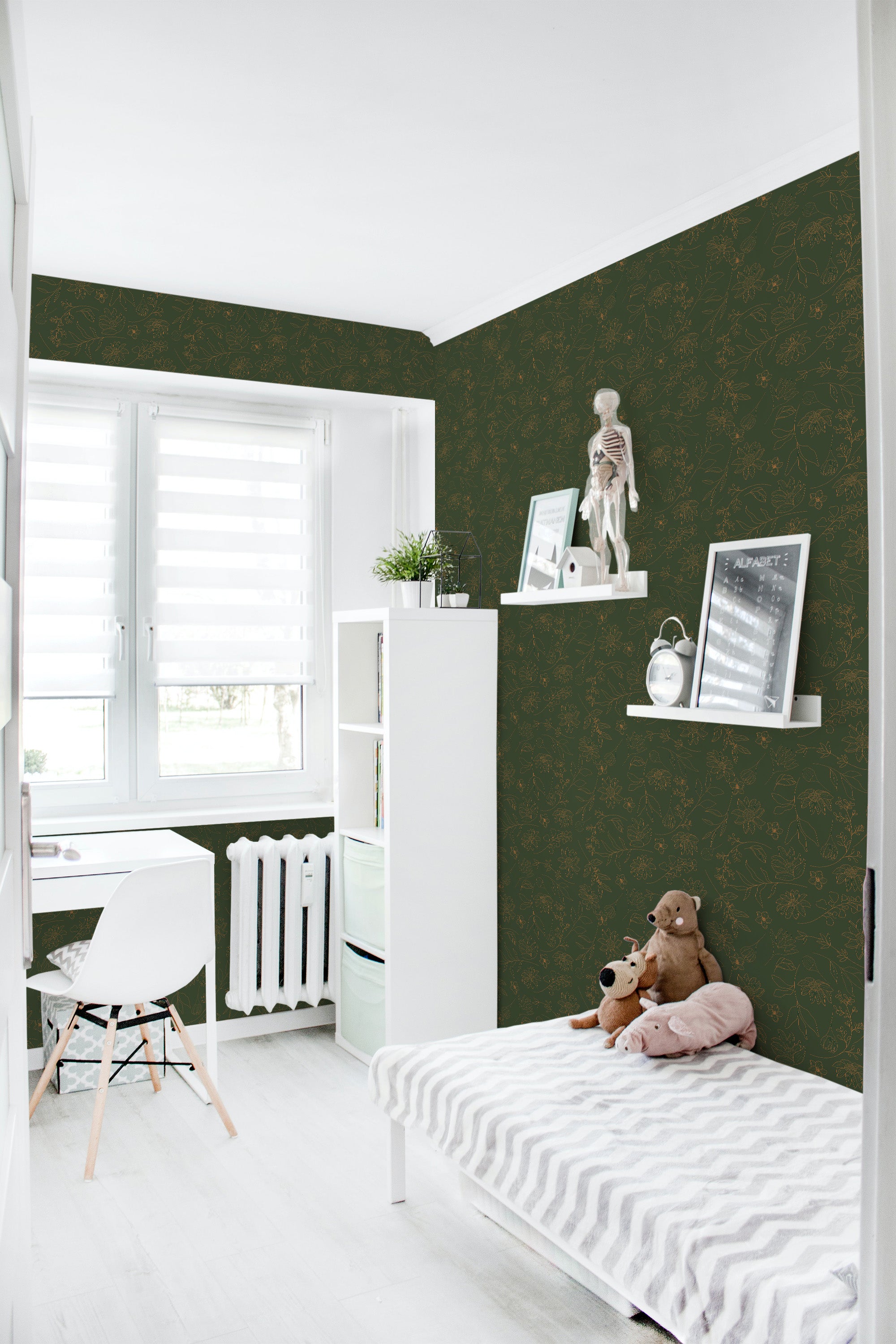 removable wallpaper earthy green floral pattern kids room desk bed bookshelf toys