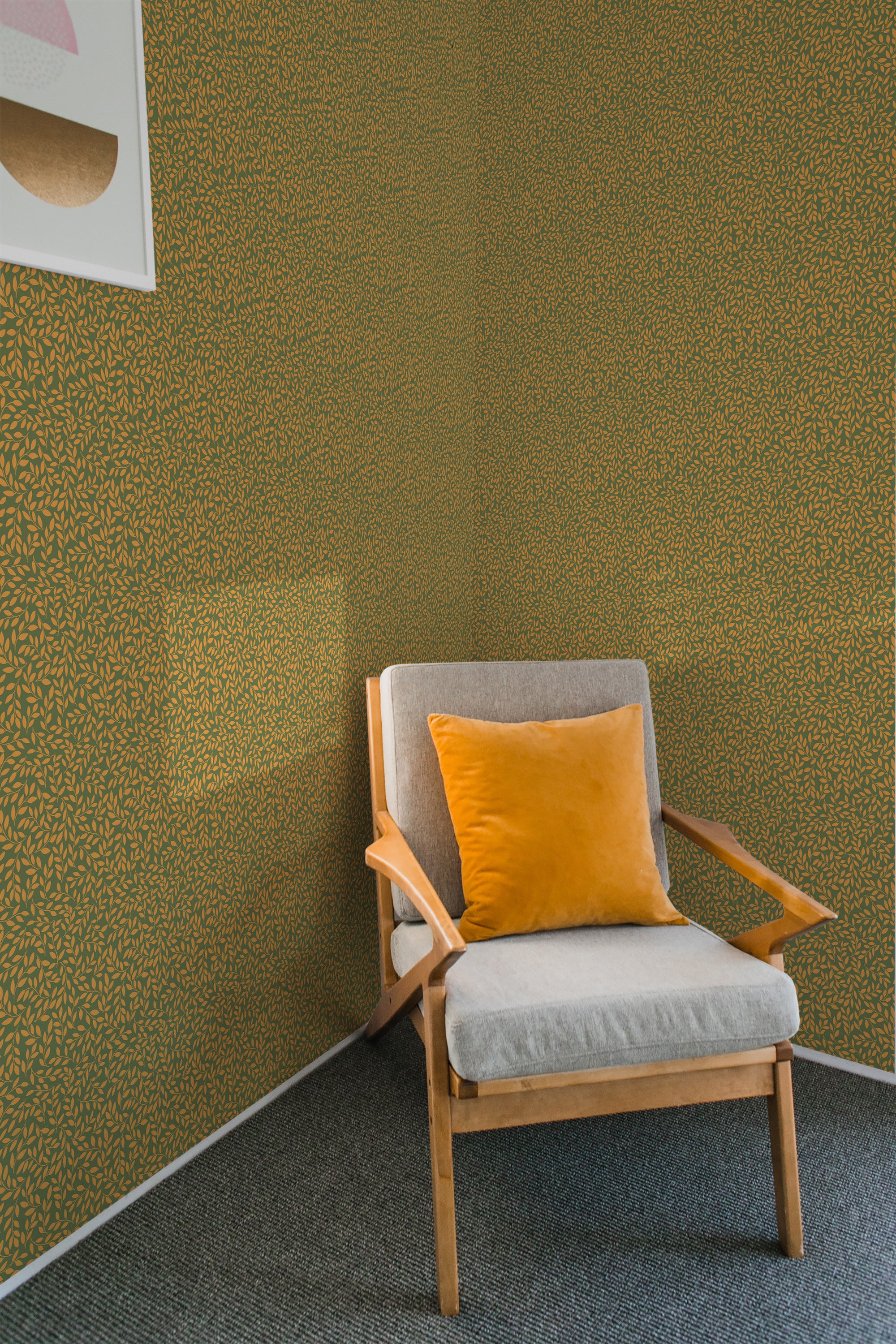 bedroom armchair cozy soft pillow interior green autumn branch peel and stick wall paper