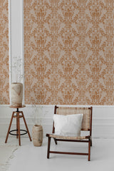 modern living room rattan chair decorative vase brown damask pattern