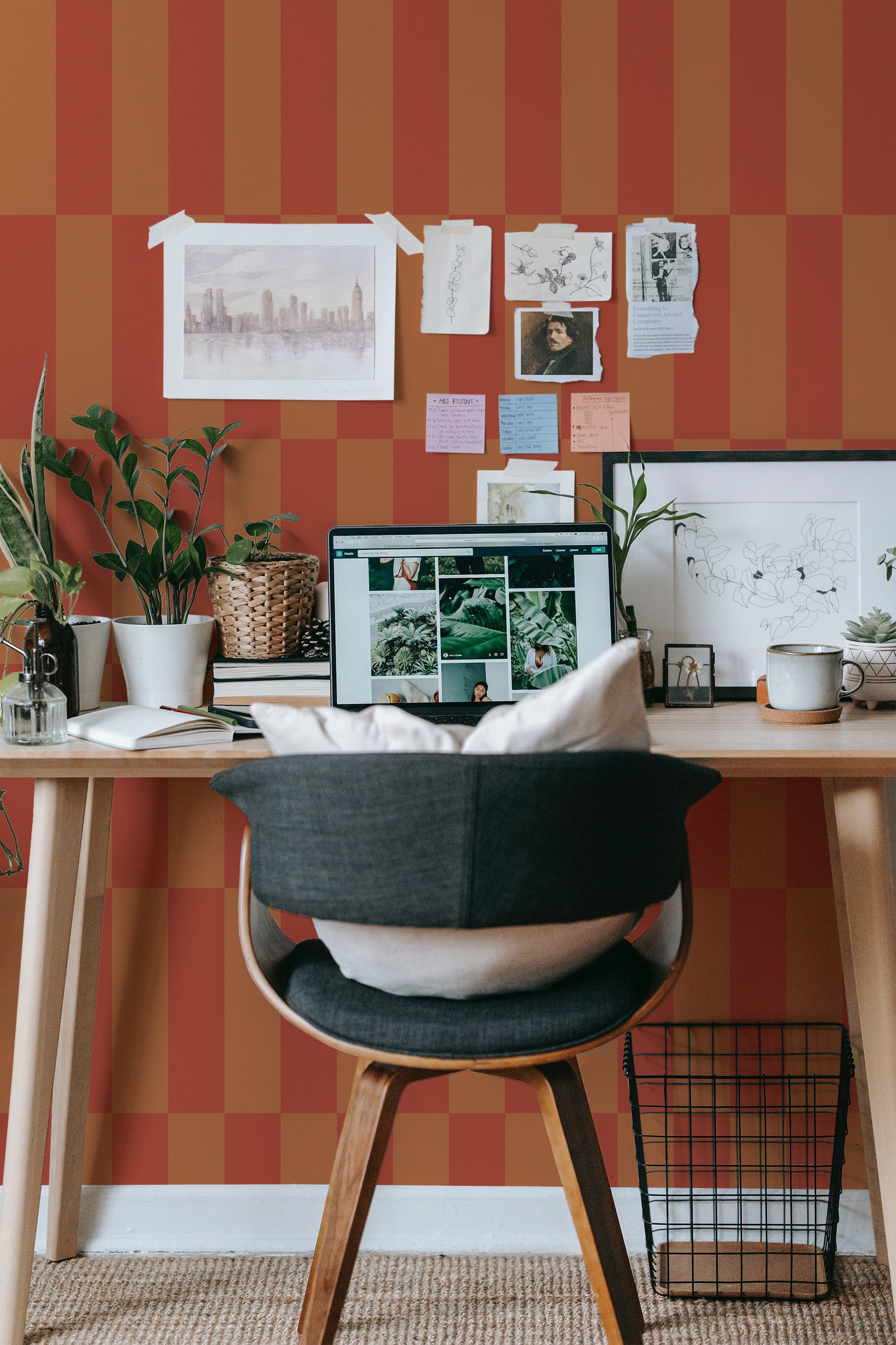 modern home office desk plants posters computer geometric terracotta stick on wallpaper