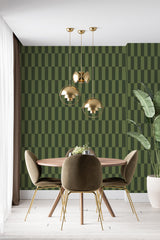 modern dining area velour chair plant green geometric accent wall