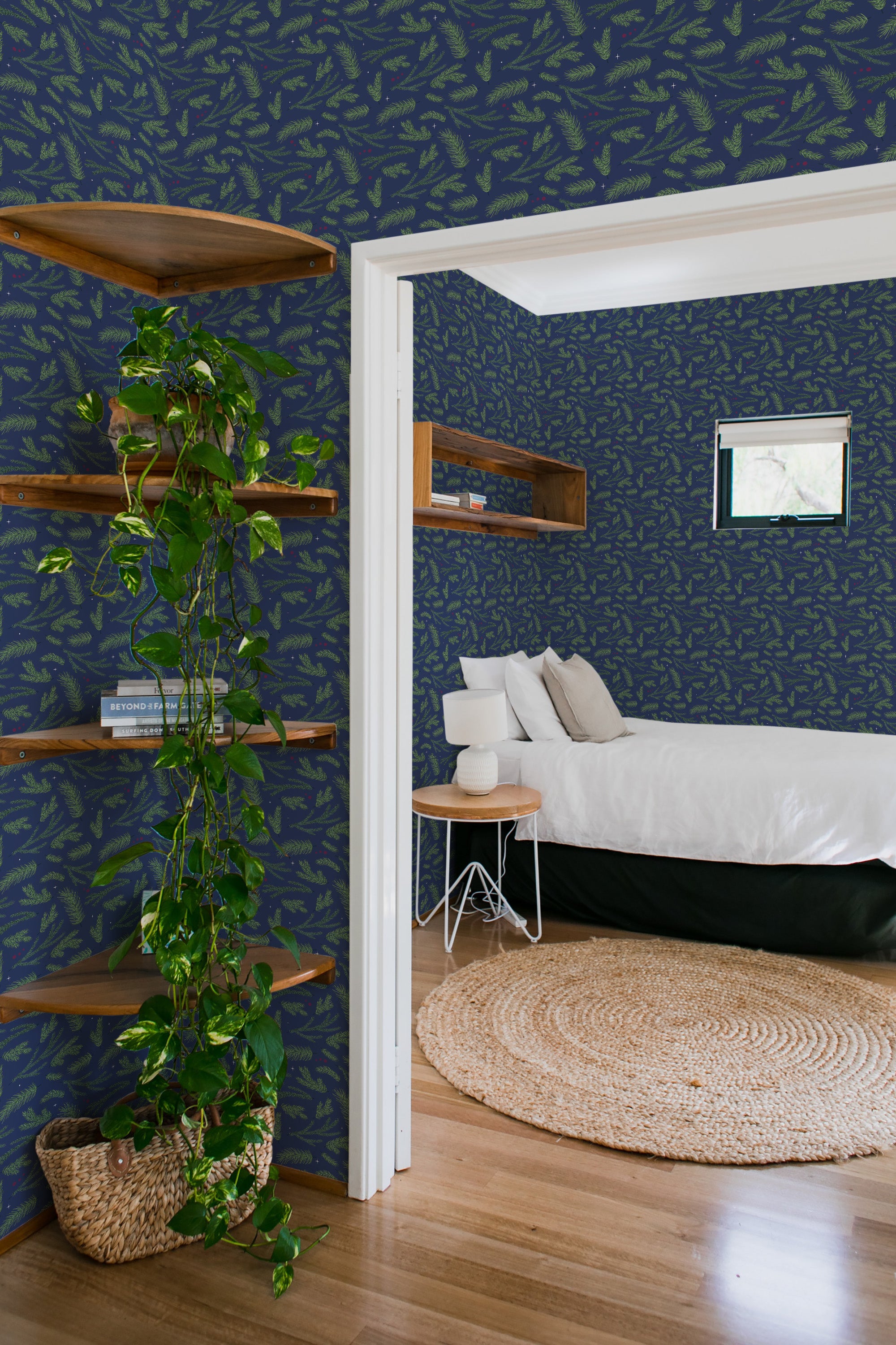 bedroom cozy interior green plants round carpet moody christmas branch peel & stick wallpaper