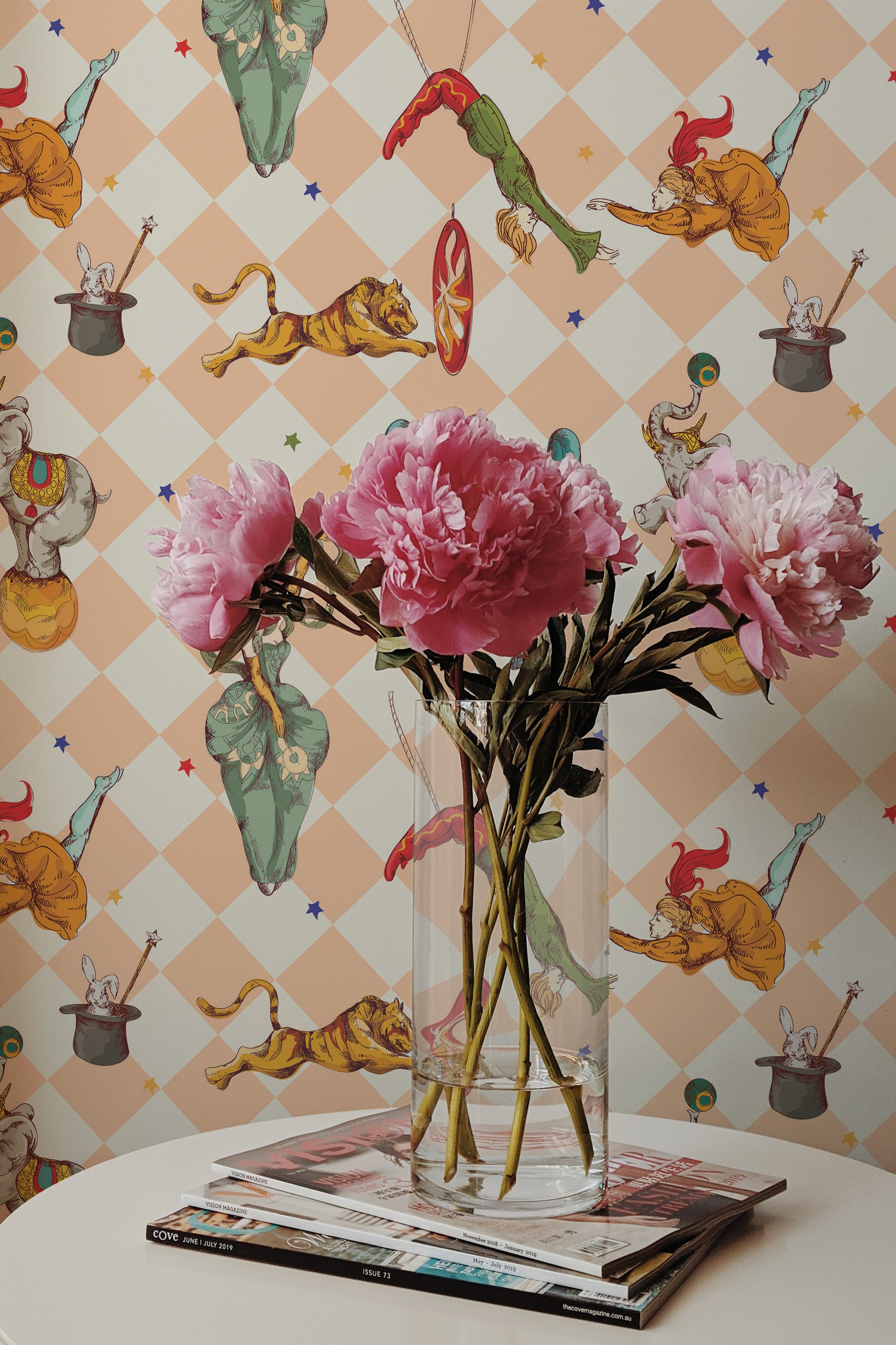 peonies magazines coffee table modern interior vintage circus artists wall paper peel and stick