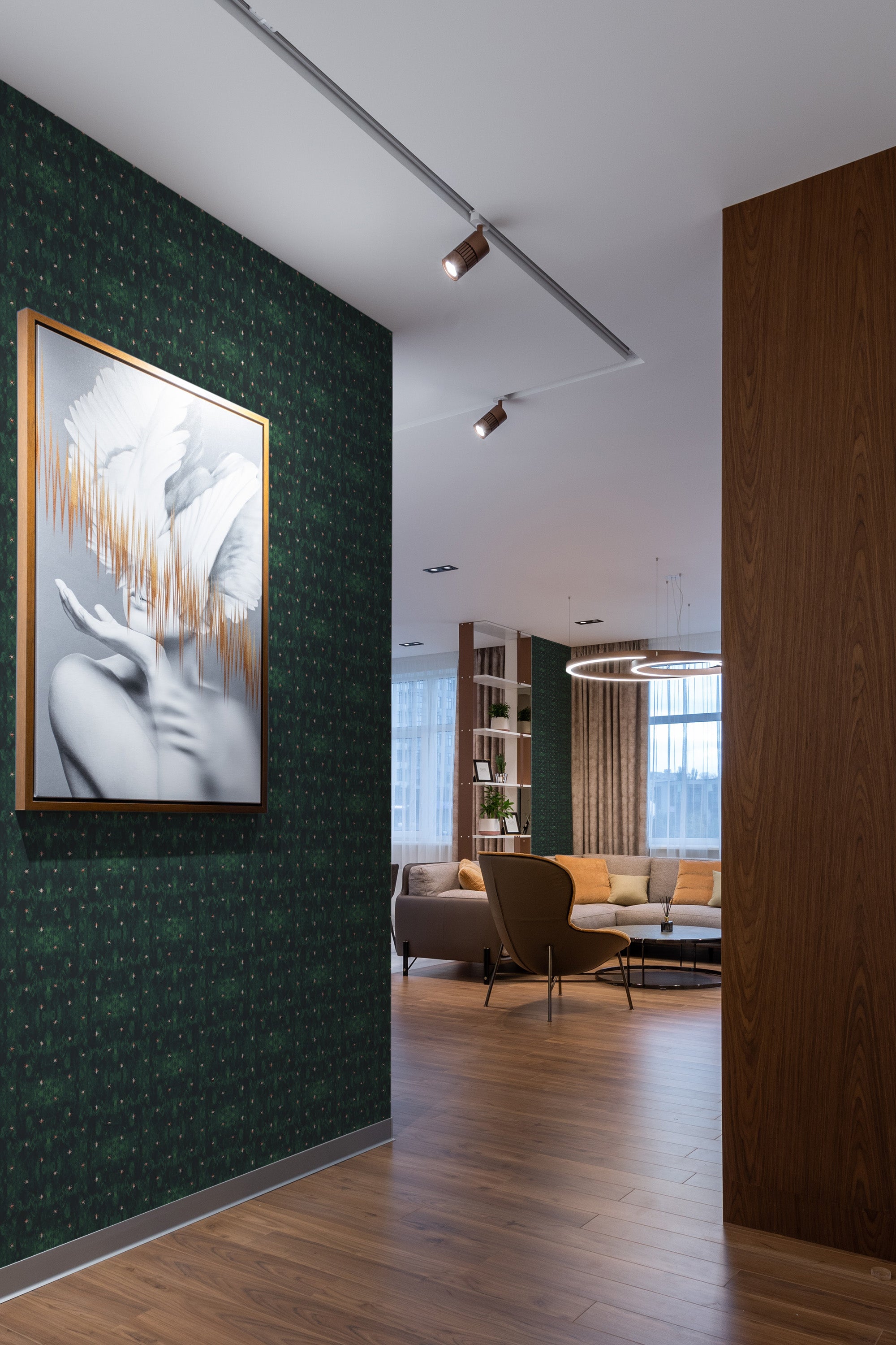 peel and stick removable wallpaper moody emerald stars pattern modern contemporary apartment living room interior