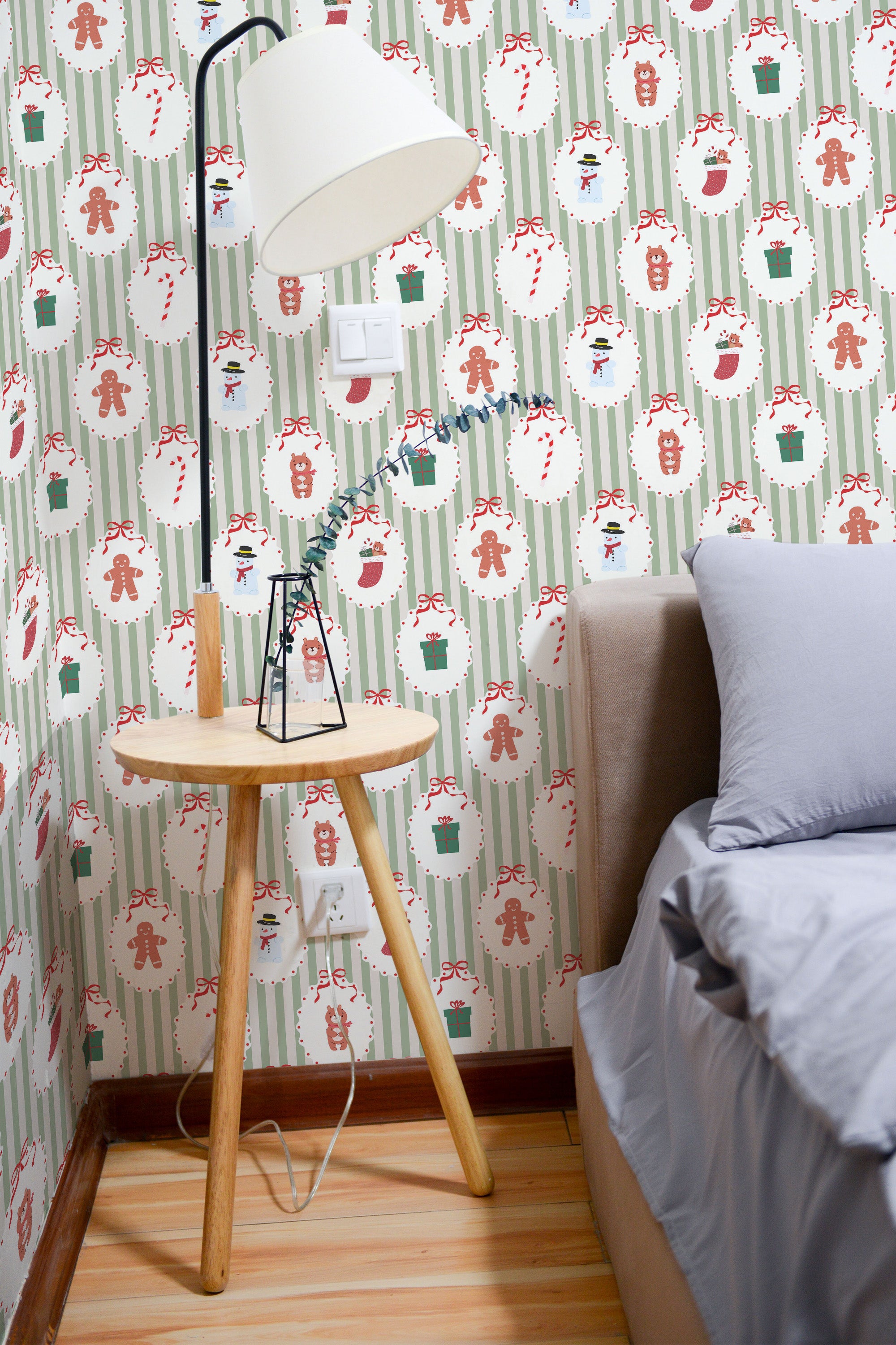 removable wallpaper vintage christmas pattern bedroom accent wall simple interior