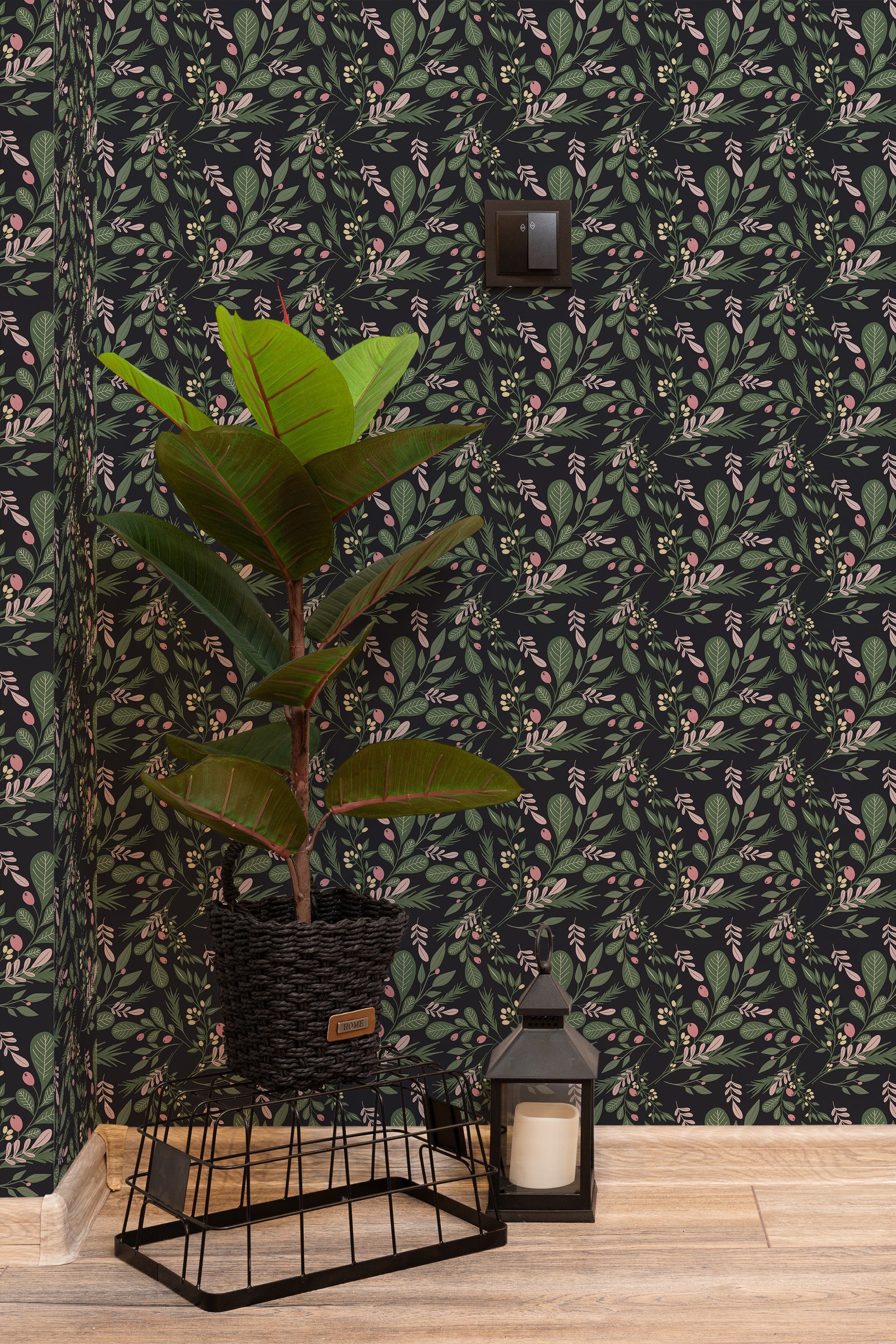 hallway interior green plant black lantern classic christmas leaves temporary wallpaper