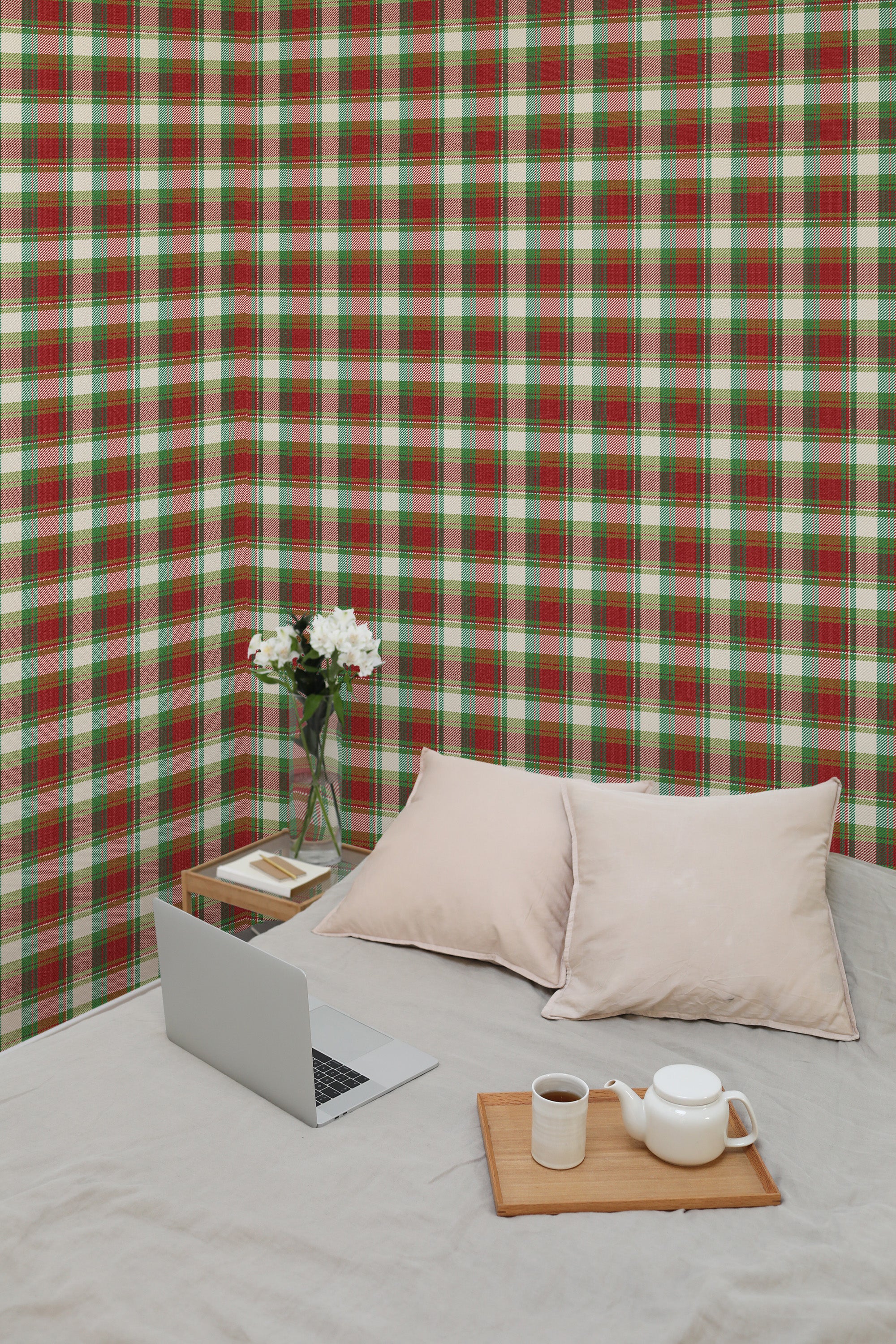 temporary wallpaper christmas plaid pattern cozy romantic bedroom interior