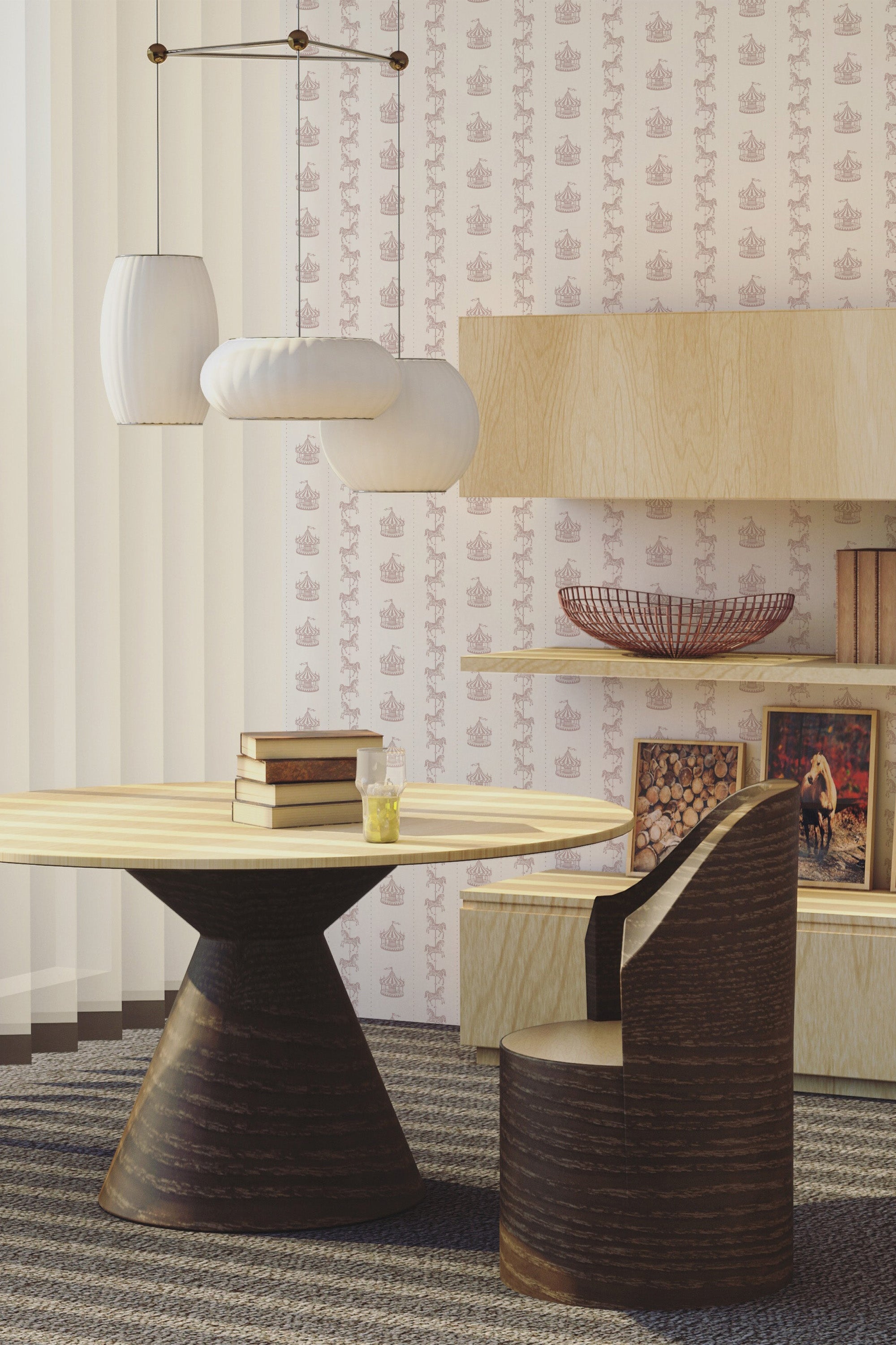 living room dining table wooden furniture light vintage carousel wall paper peel and stick