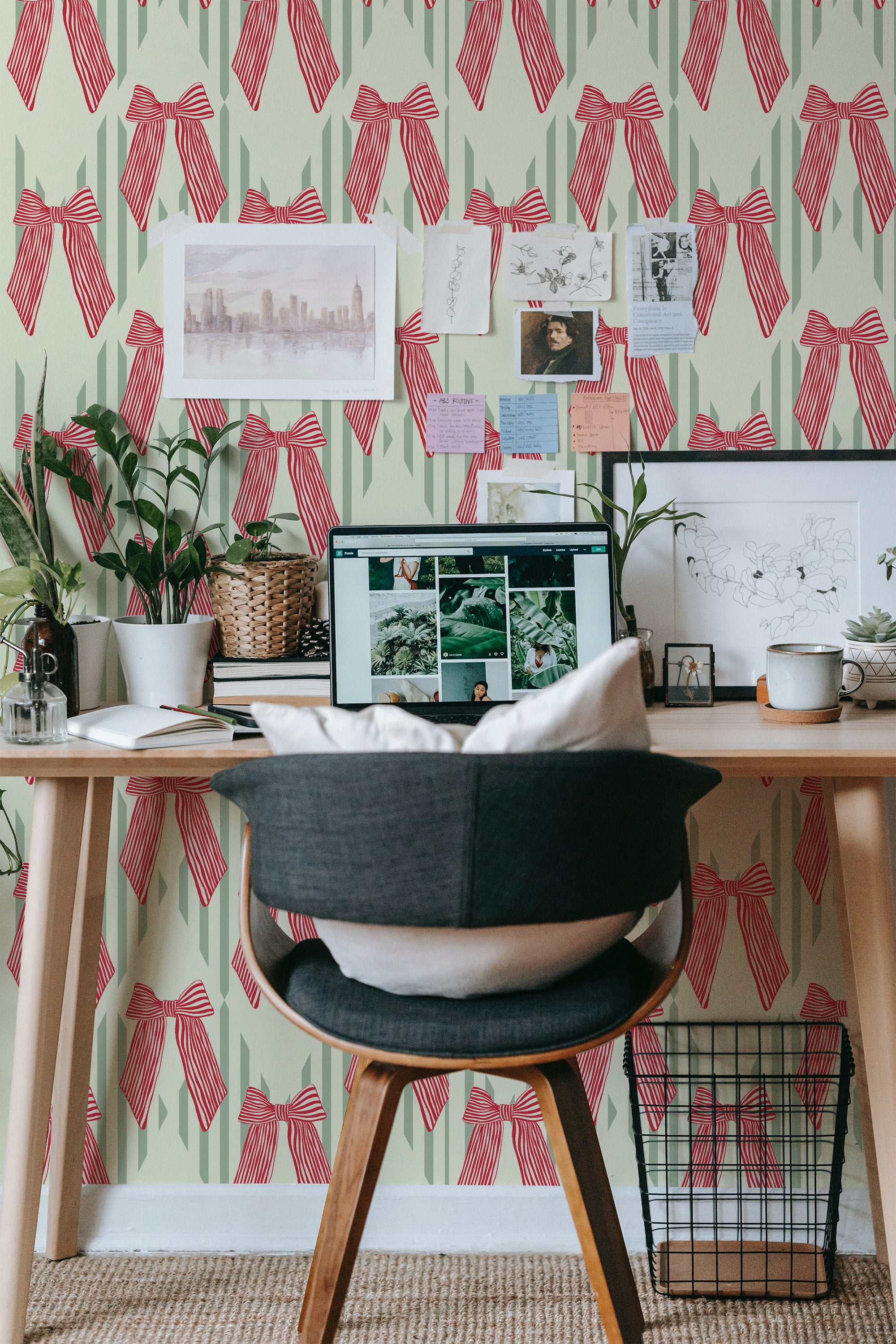 modern home office desk plants posters computer christmas bow stick on wallpaper